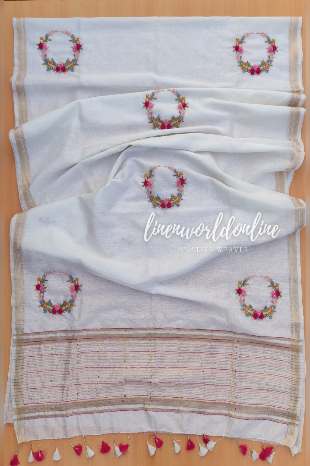 white french knot embroidered linen saree - linenworldonline.in