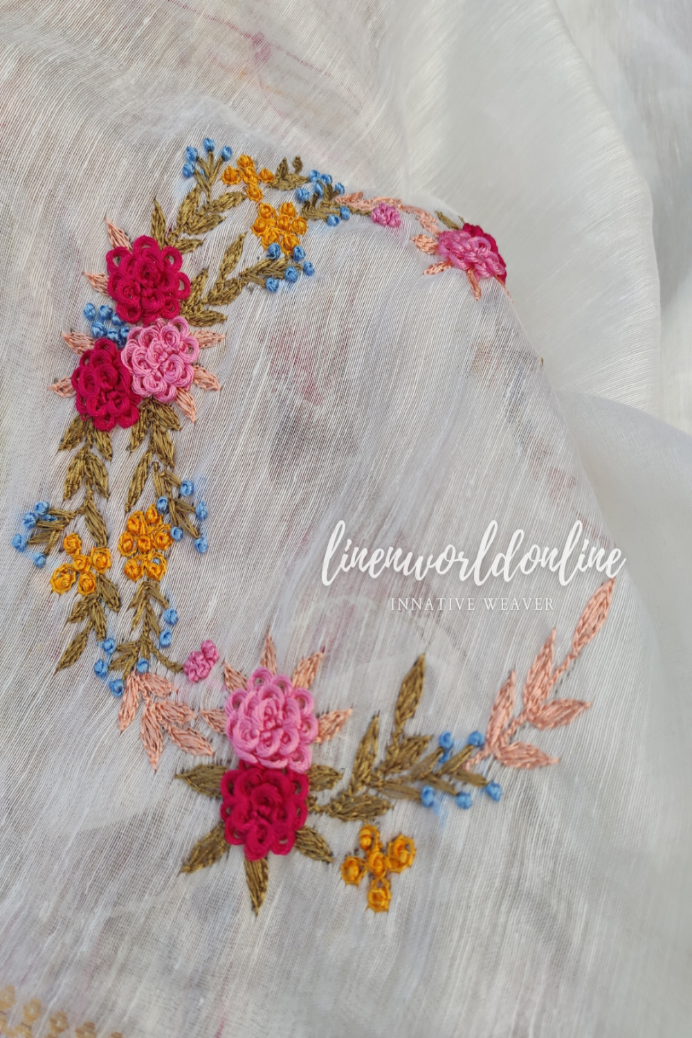 white embroidered french linen saree - linenworldonline.in