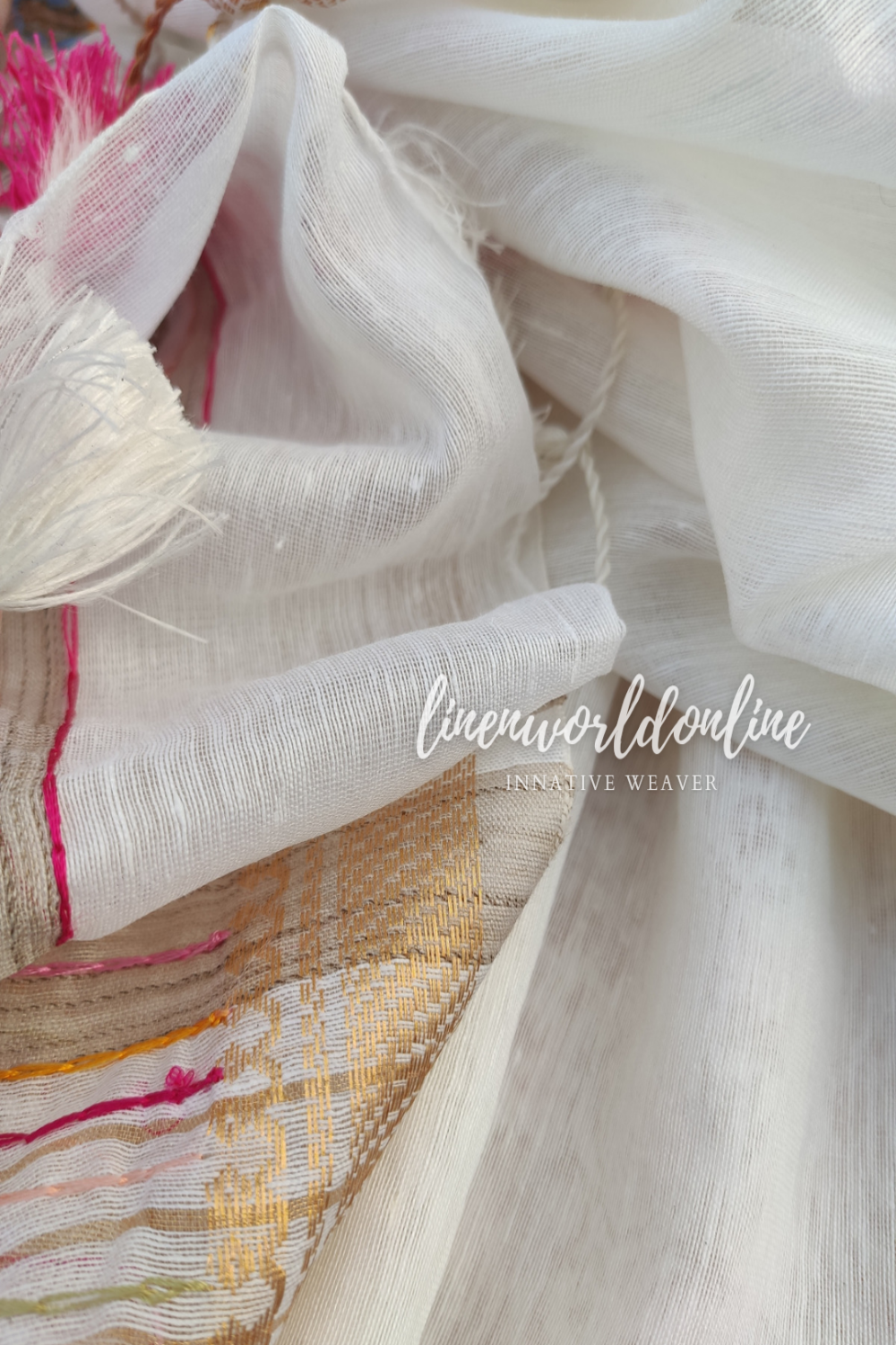 white embroidered french linen saree - linenworldonline.in