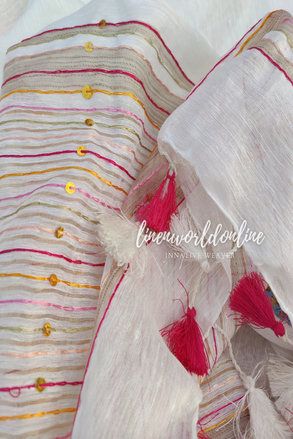 white embroidered french linen saree - linenworldonline.in