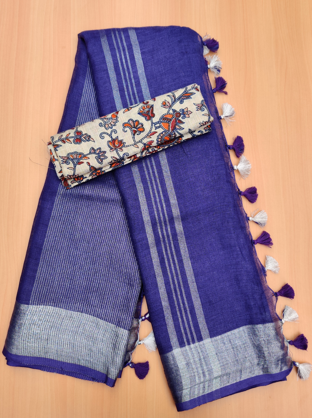 pure linen saree with printed blouse - linenworldonline.in