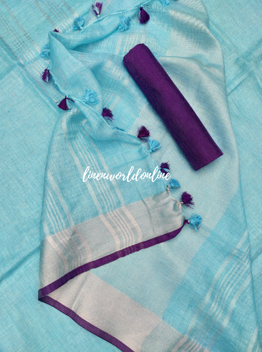 pure linen saree with  contrast blouse - linenworldonline.in