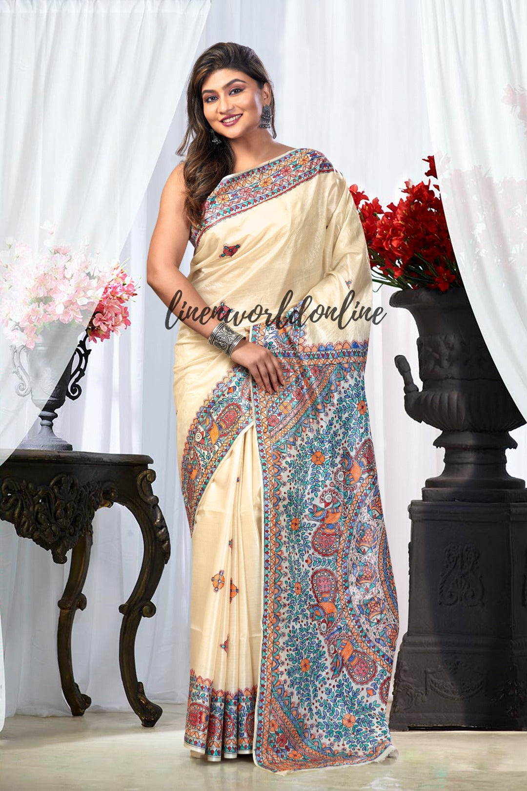 beige pure bhagalprui tussar silk sari - linenworldonline.in