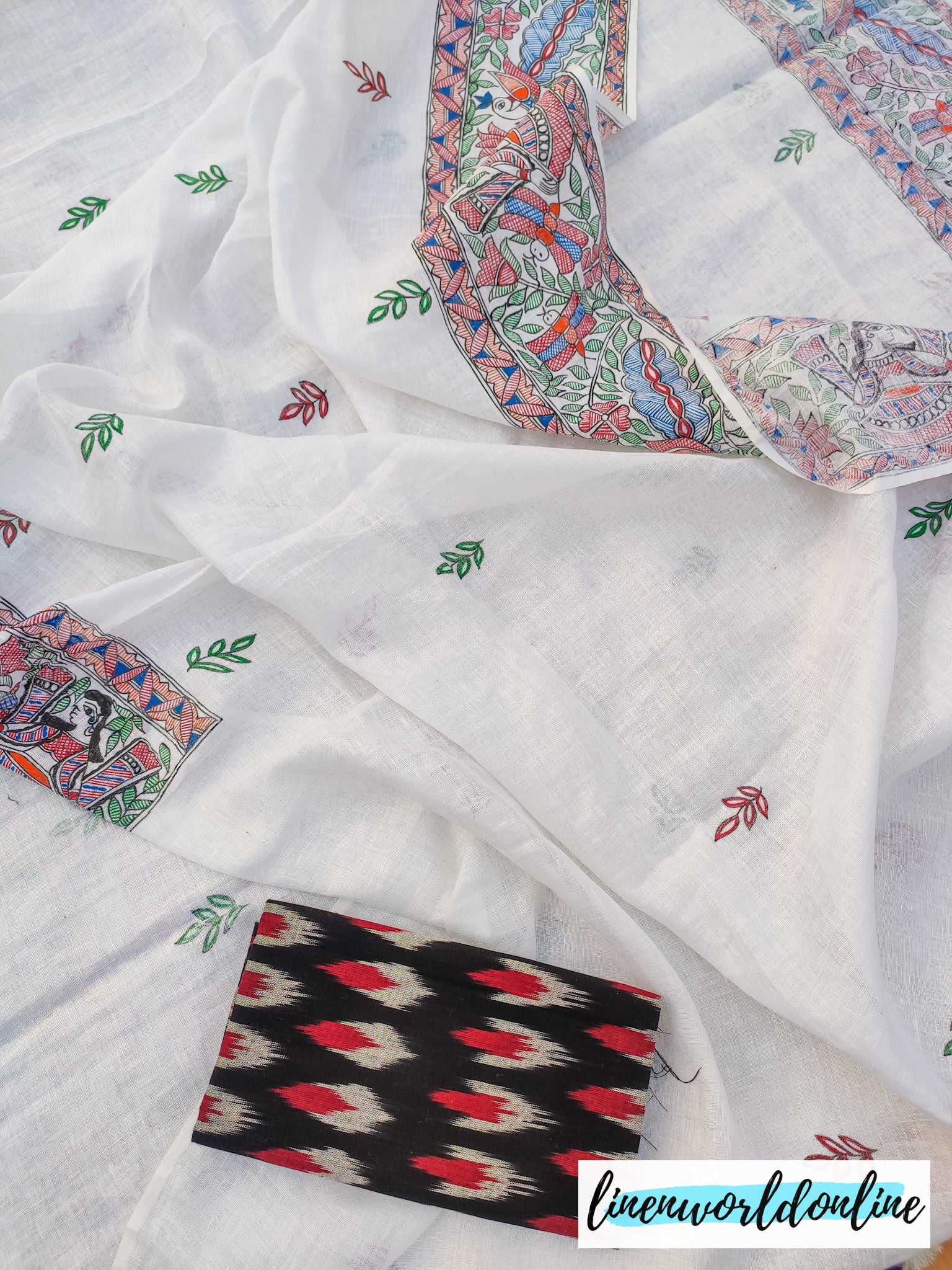 Madhubani Painted Pure Linen Saree