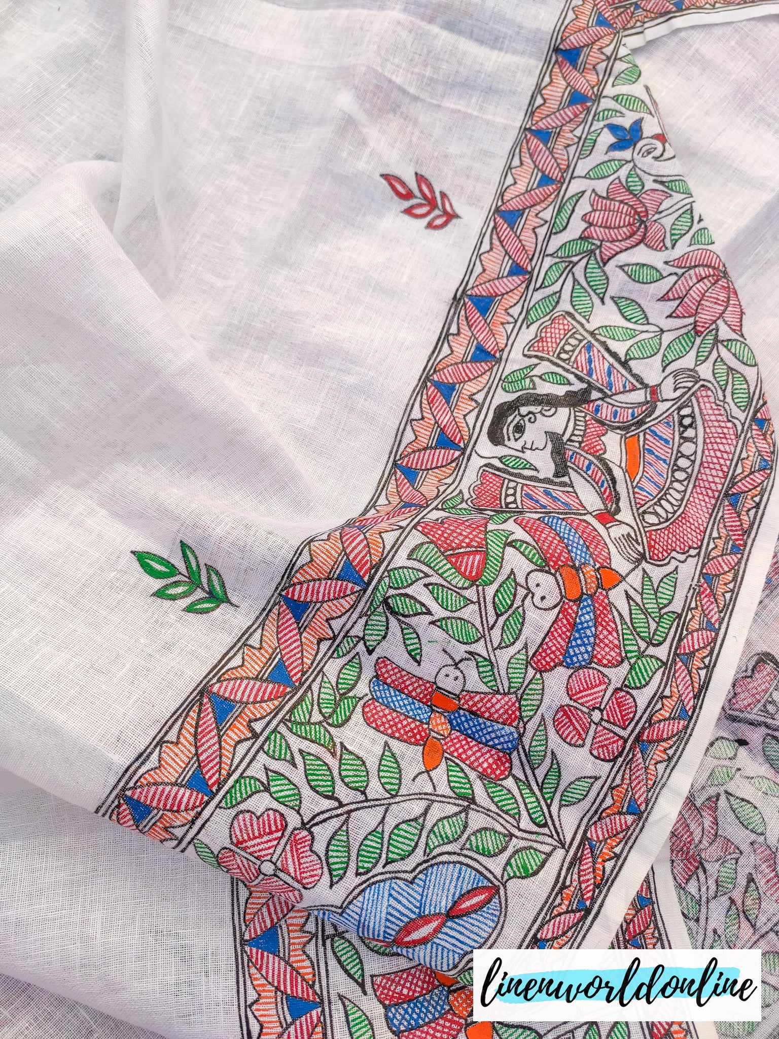 Madhubani Painted Pure Linen Saree