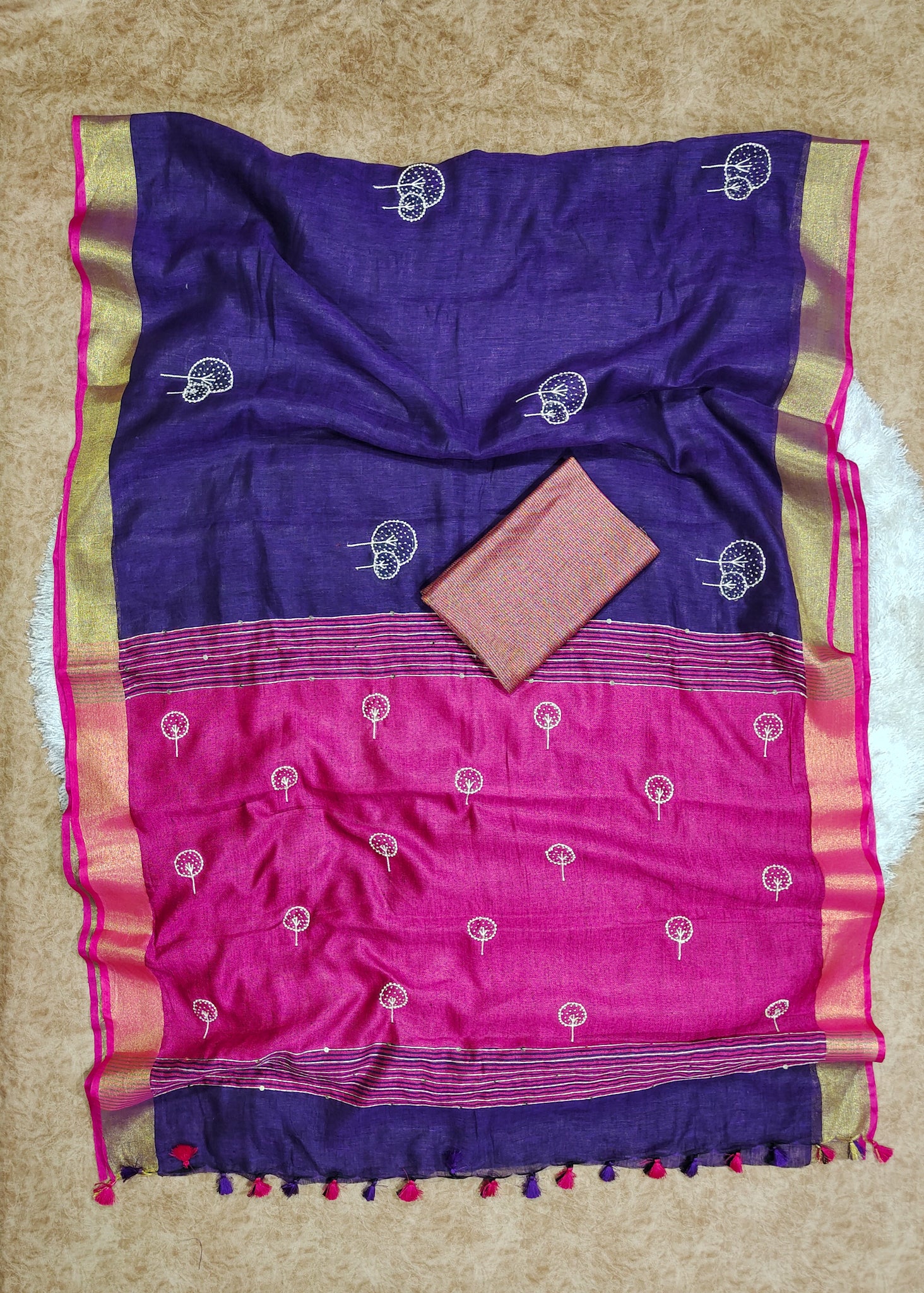 purple french knot hand embroidered linen saree - linenworldonline.in