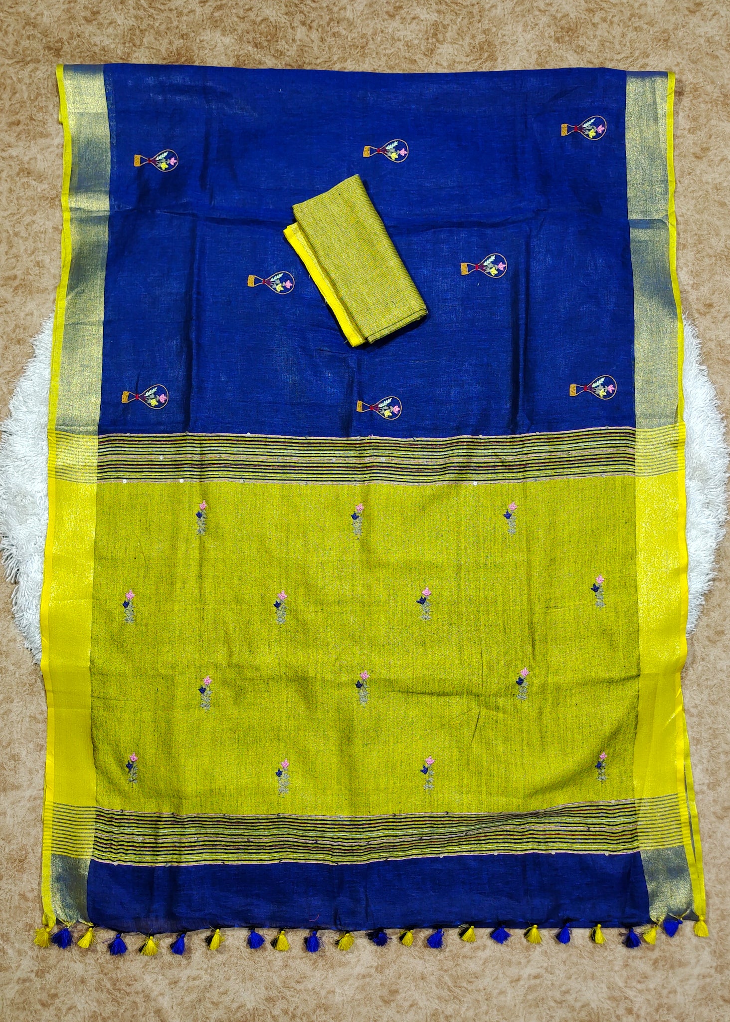 blue french knot hand embroidered linen saree - linenworldonline.in