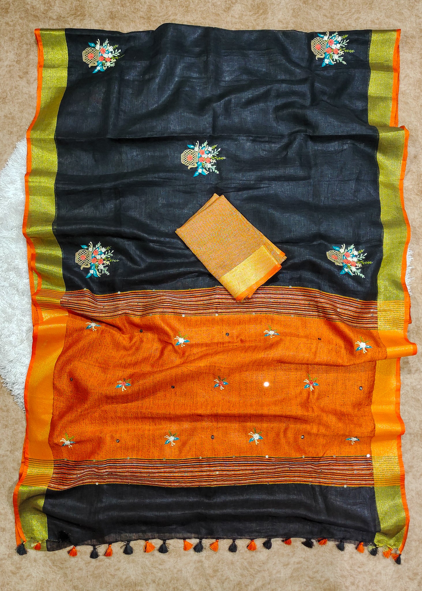 black french knot hand embroidered linen saree - linenworldonline.in