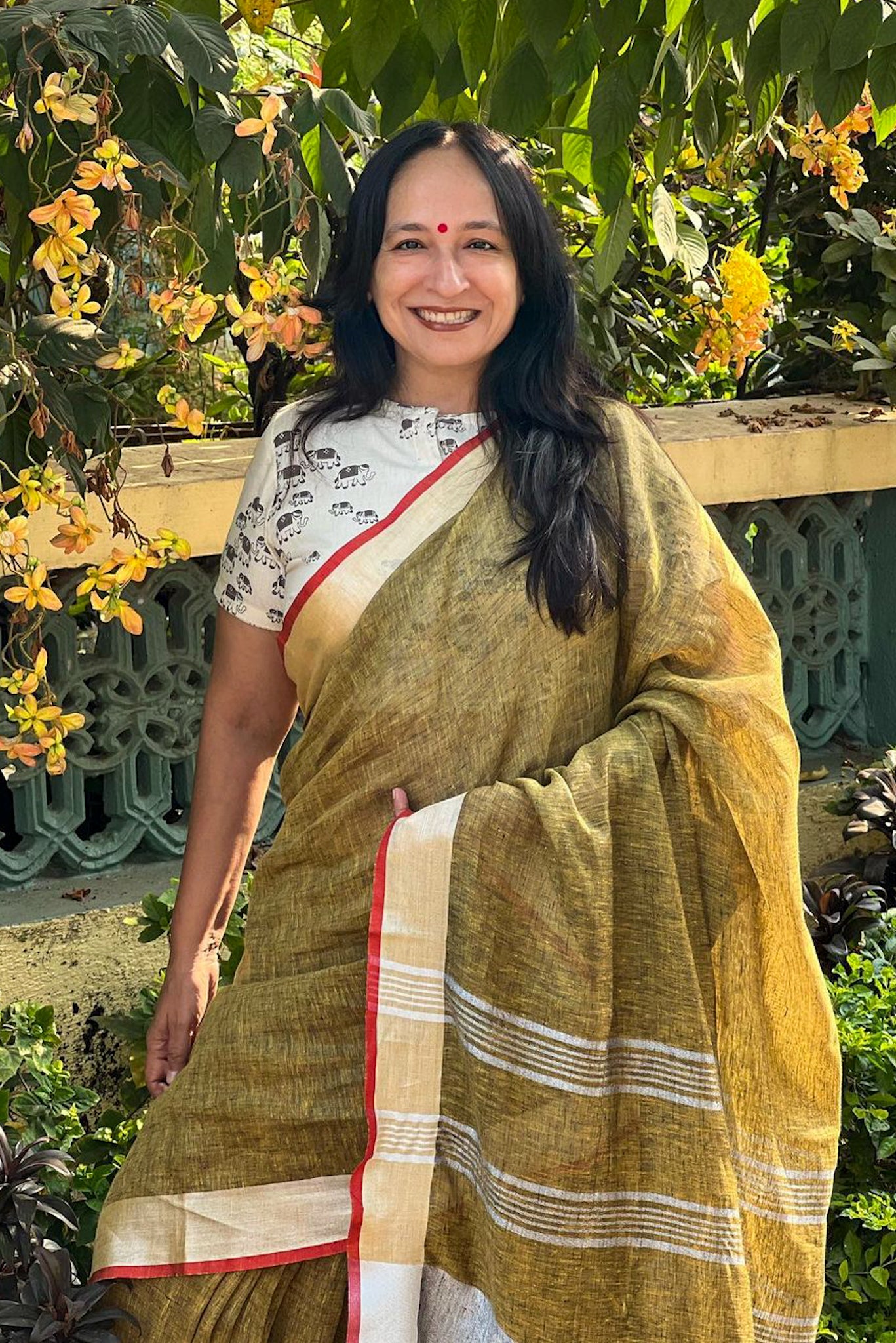 Dharitri peanut brown organic pure linen saree - linenworldonline