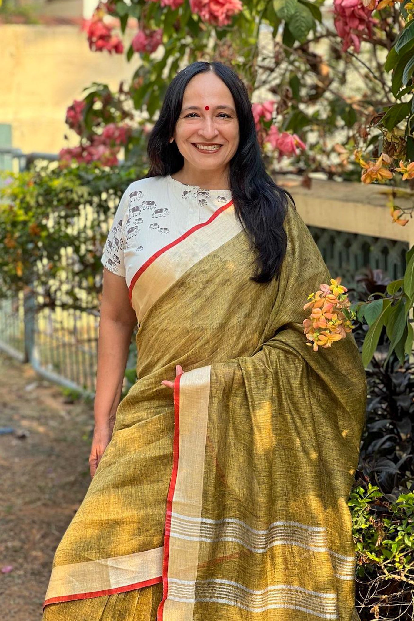 Dharitri peanut brown organic pure linen saree - linenworldonline