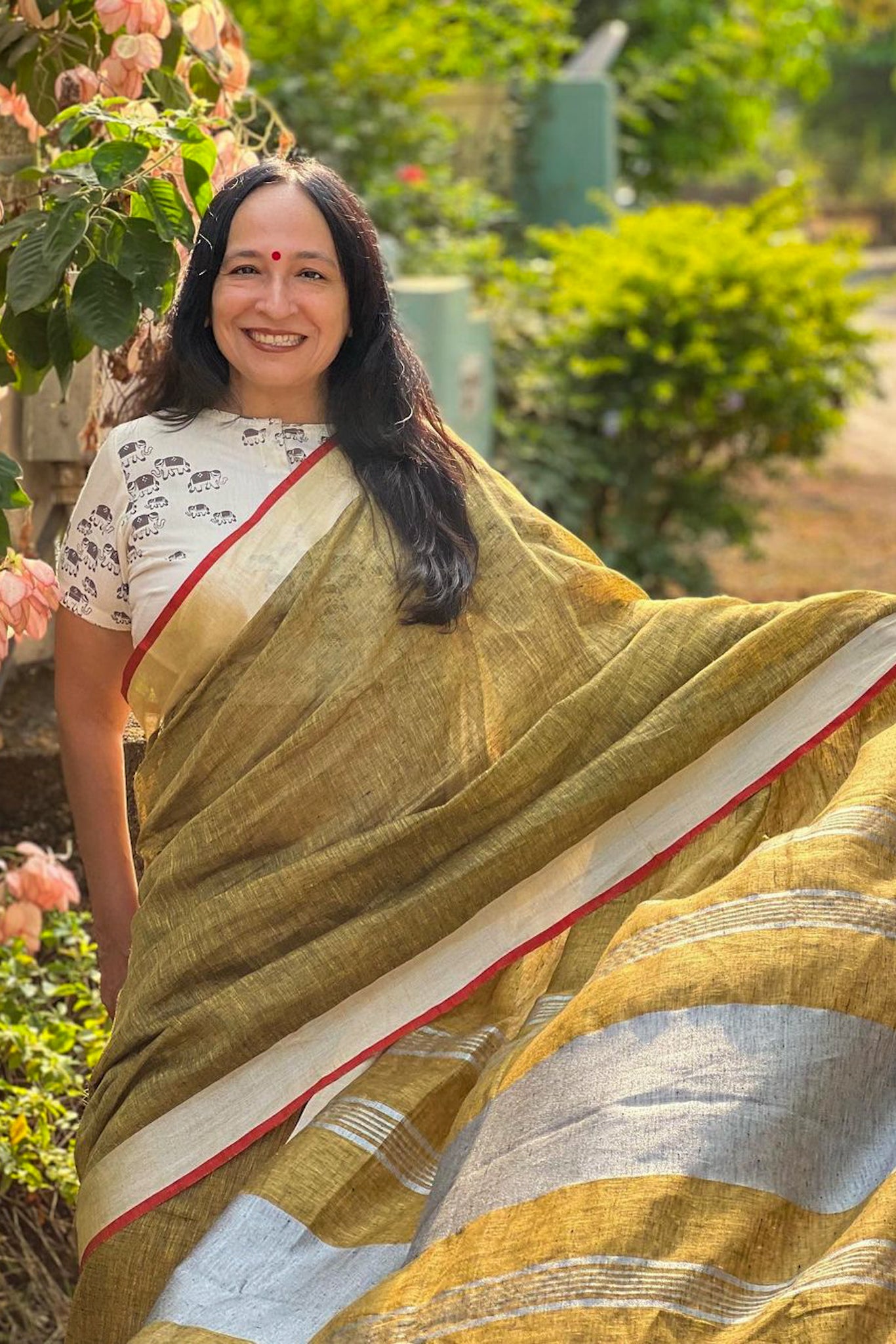 Dharitri peanut brown organic pure linen saree - linenworldonline