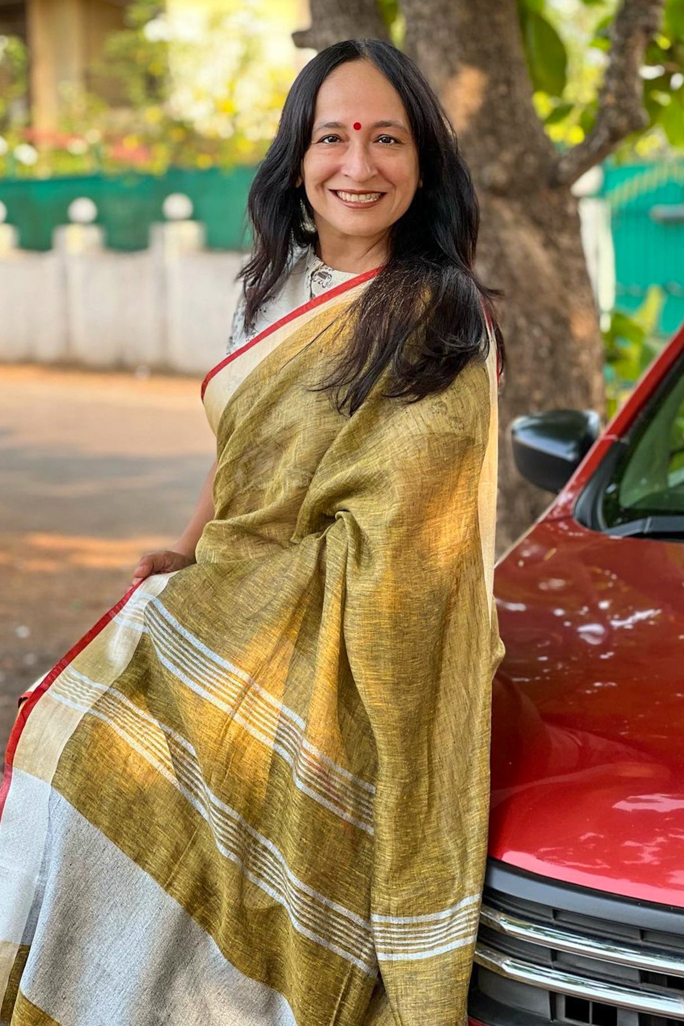 Dharitri peanut brown organic pure linen saree - linenworldonline