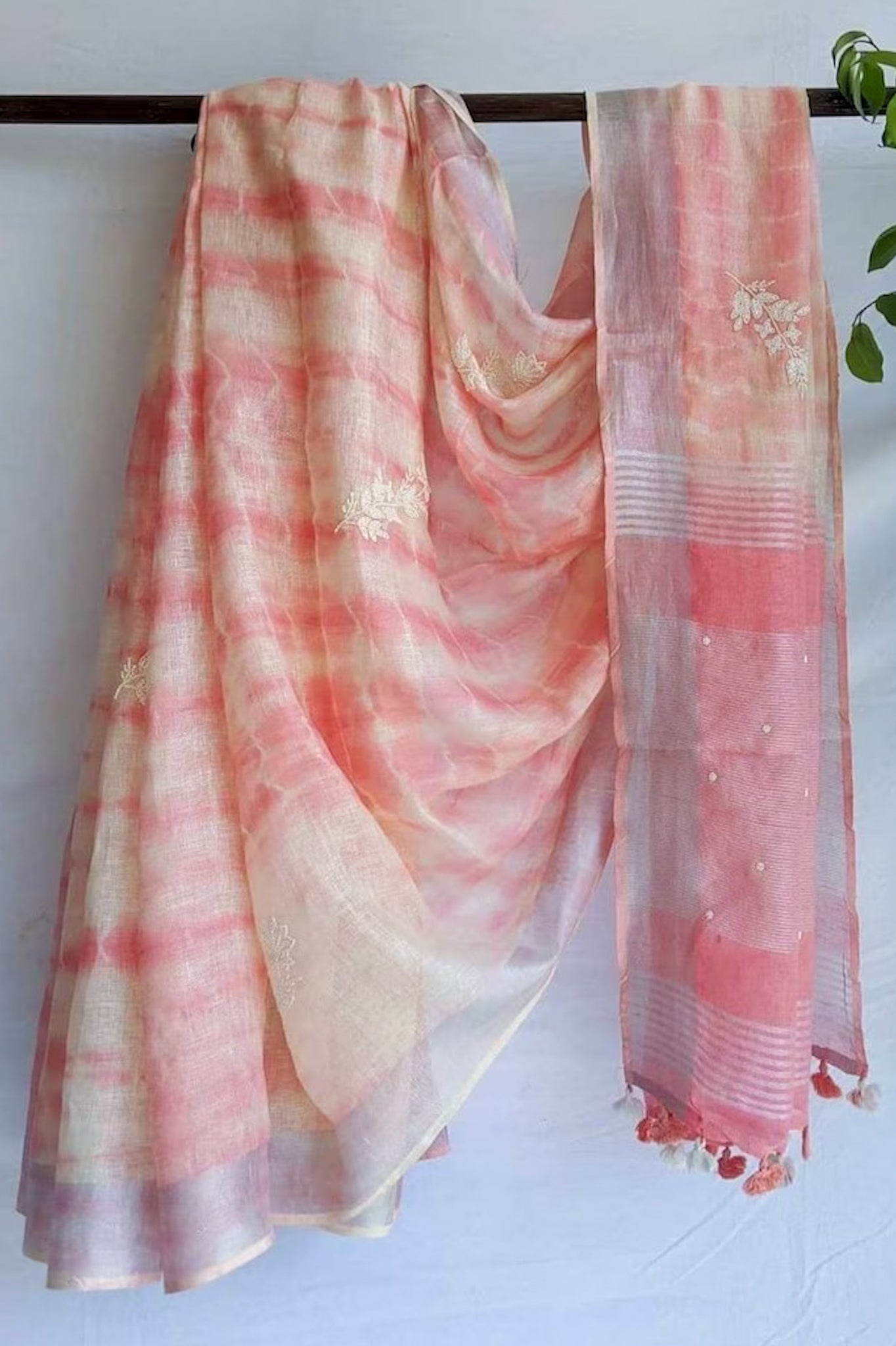 disha - pink and cream pure linen shibori saree with pearl hand embroidery saree - linenworldonline.in