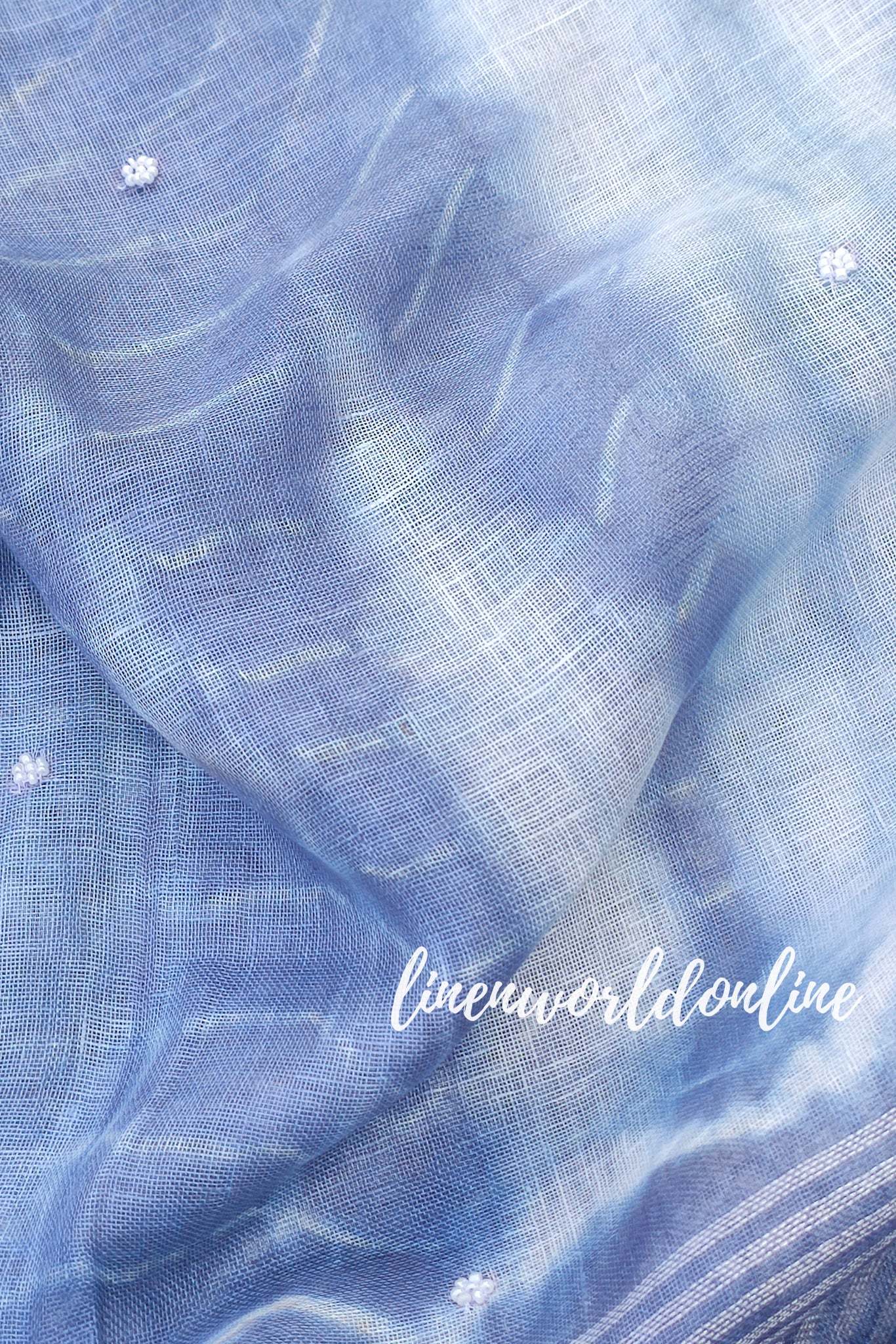blue and white pure linen shibori handembroidery saree - linenworldonline.in