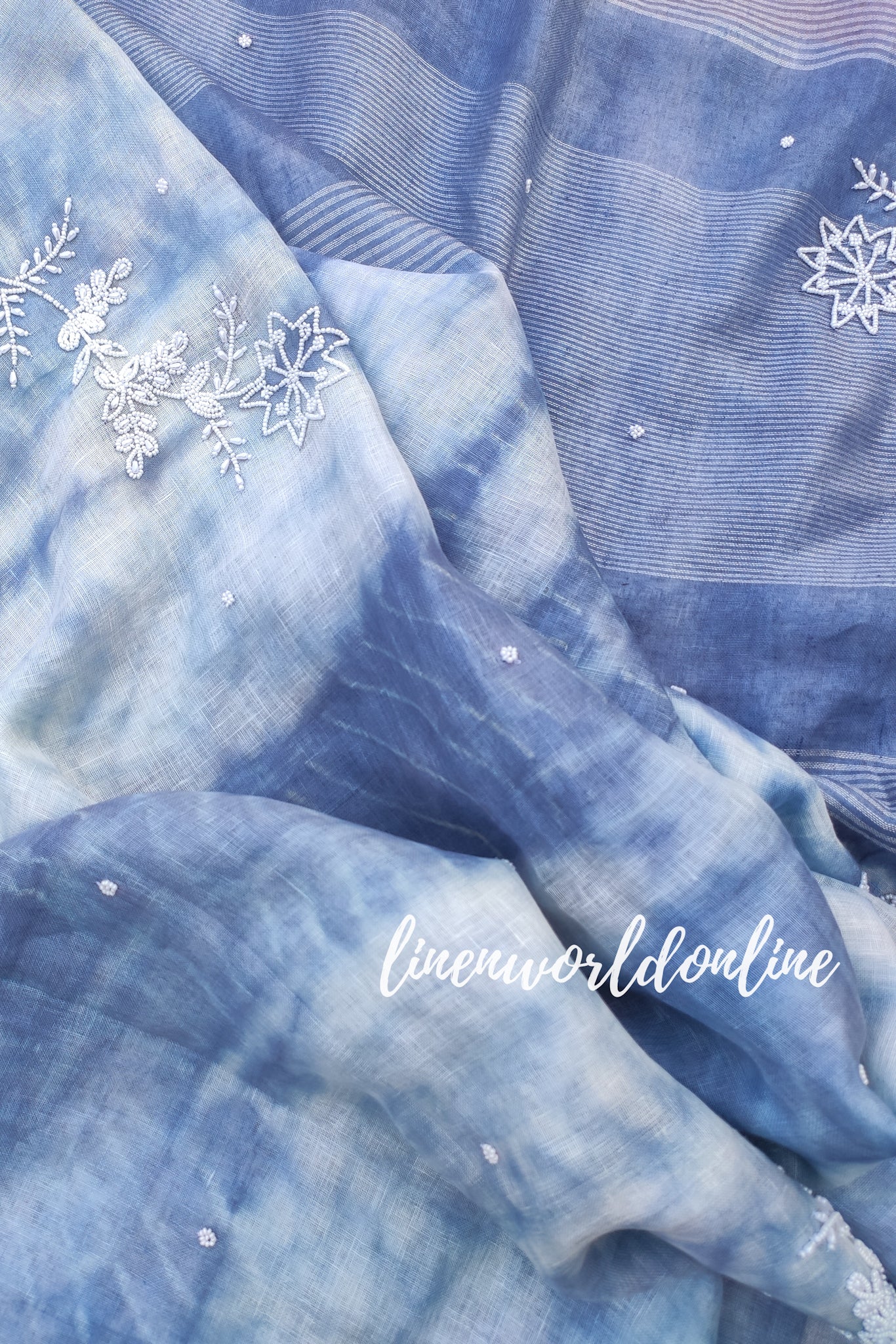 blue and white pure linen shibori handembroidery saree - linenworldonline.in