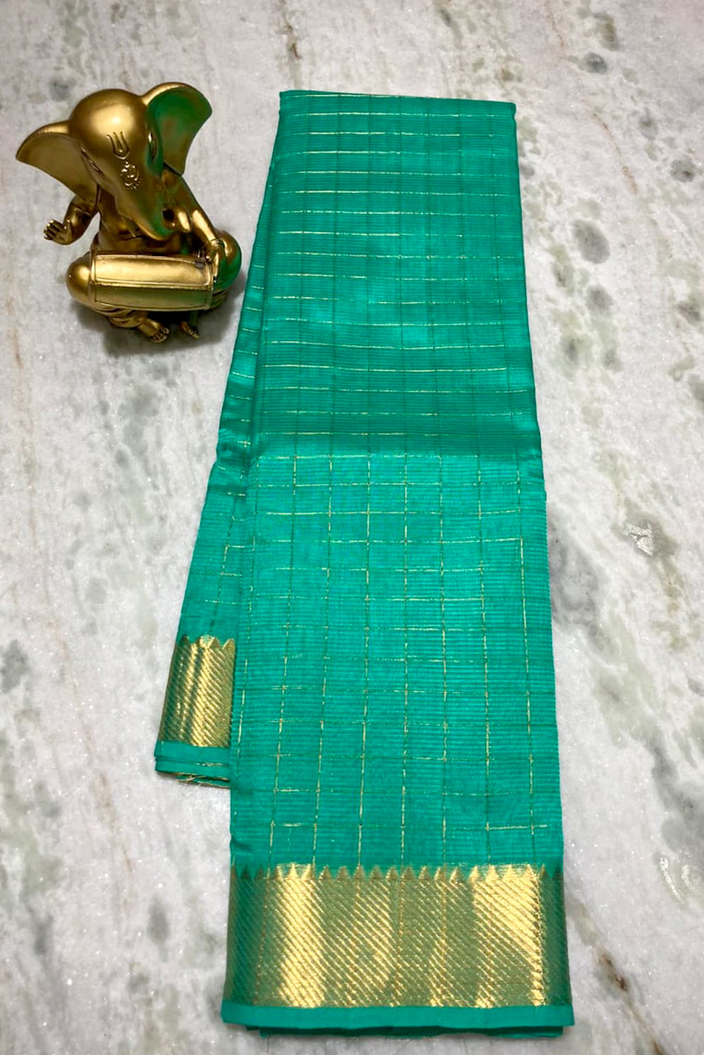 green mangalagiri cotton checkered soft silk saree - linenworldonline.in