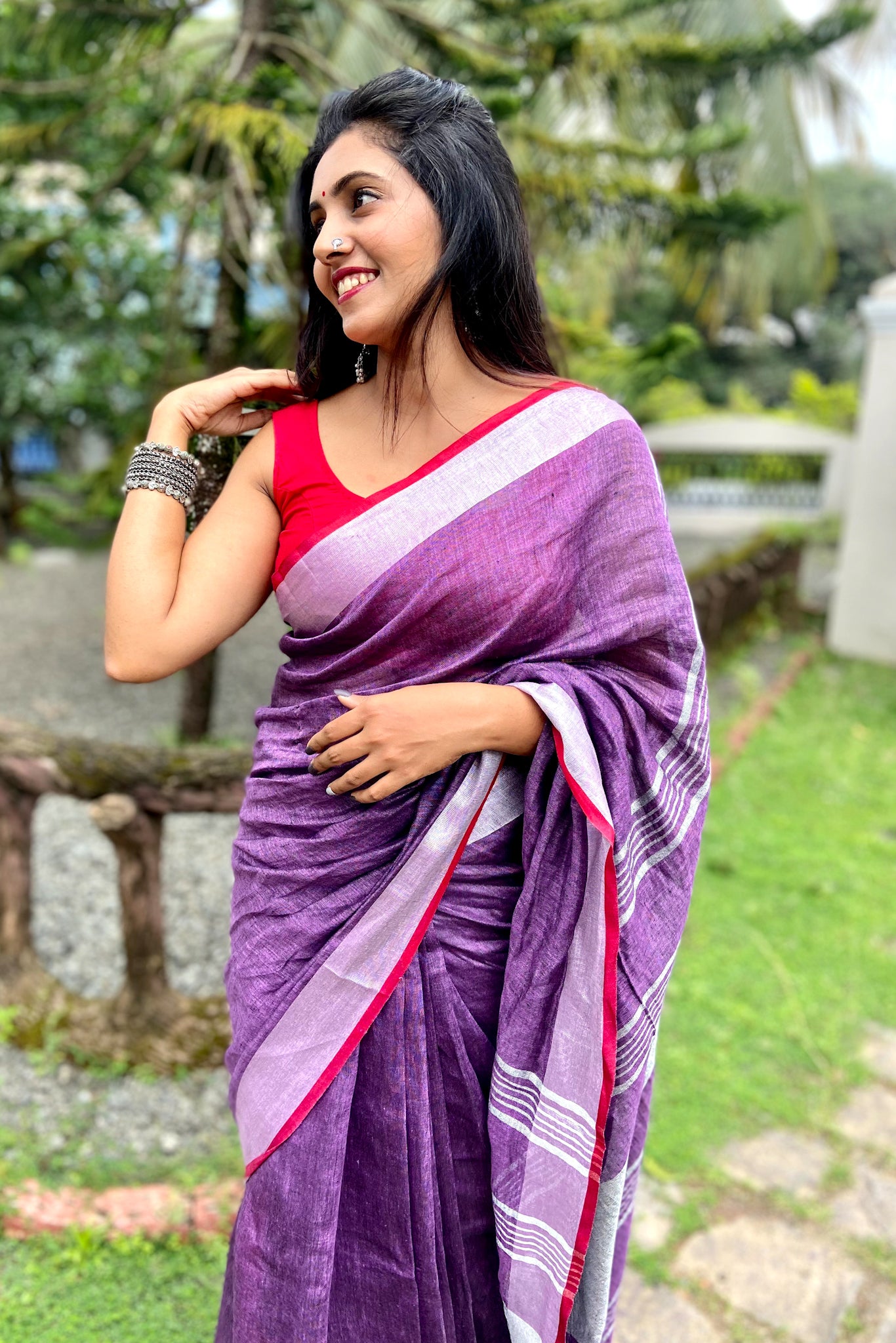 kalpana - purple organic pure linen saree - linenworldonline.in