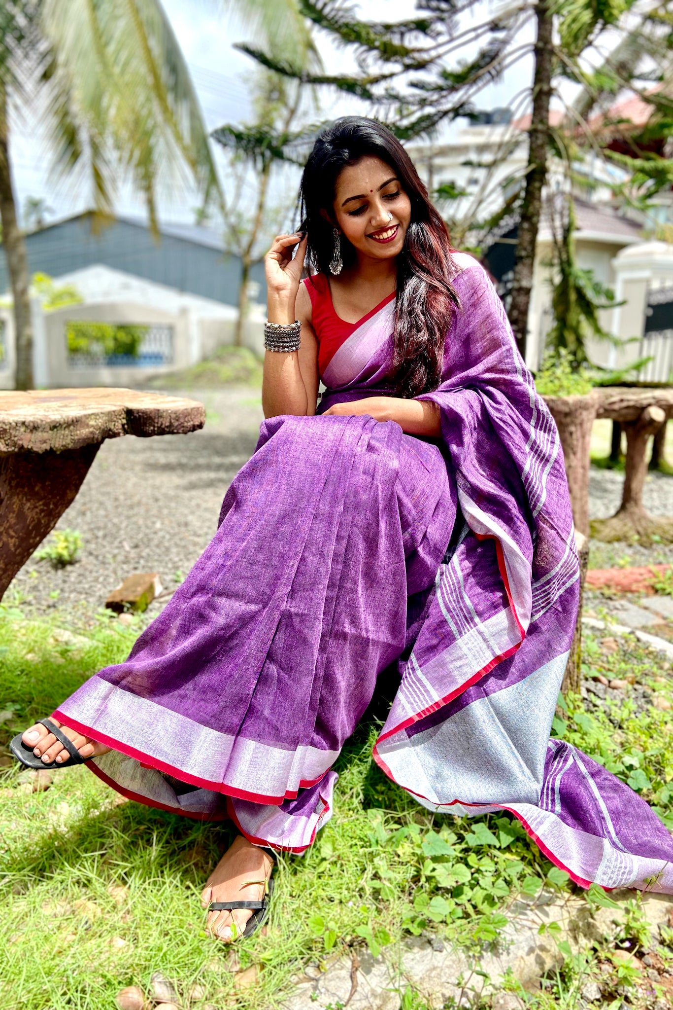 kalpana - purple organic pure linen saree - linenworldonline.in
