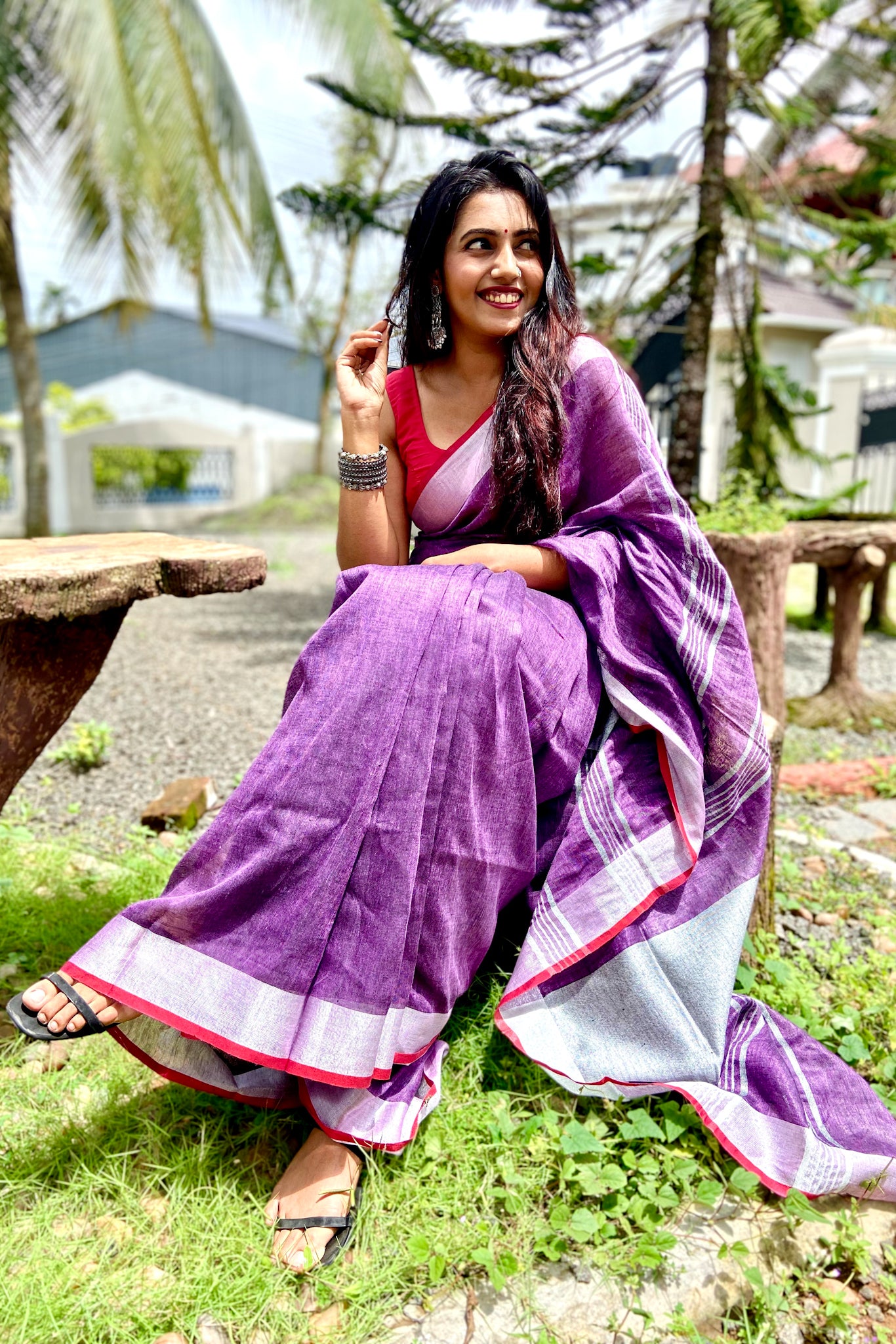 kalpana - purple organic pure linen saree - linenworldonline.in