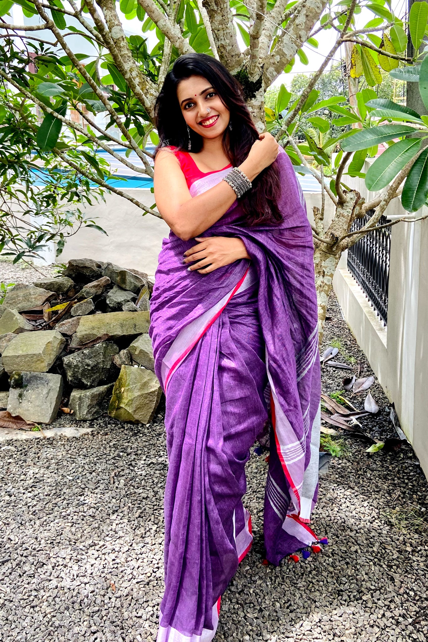 kalpana - purple organic pure linen saree - linenworldonline.in