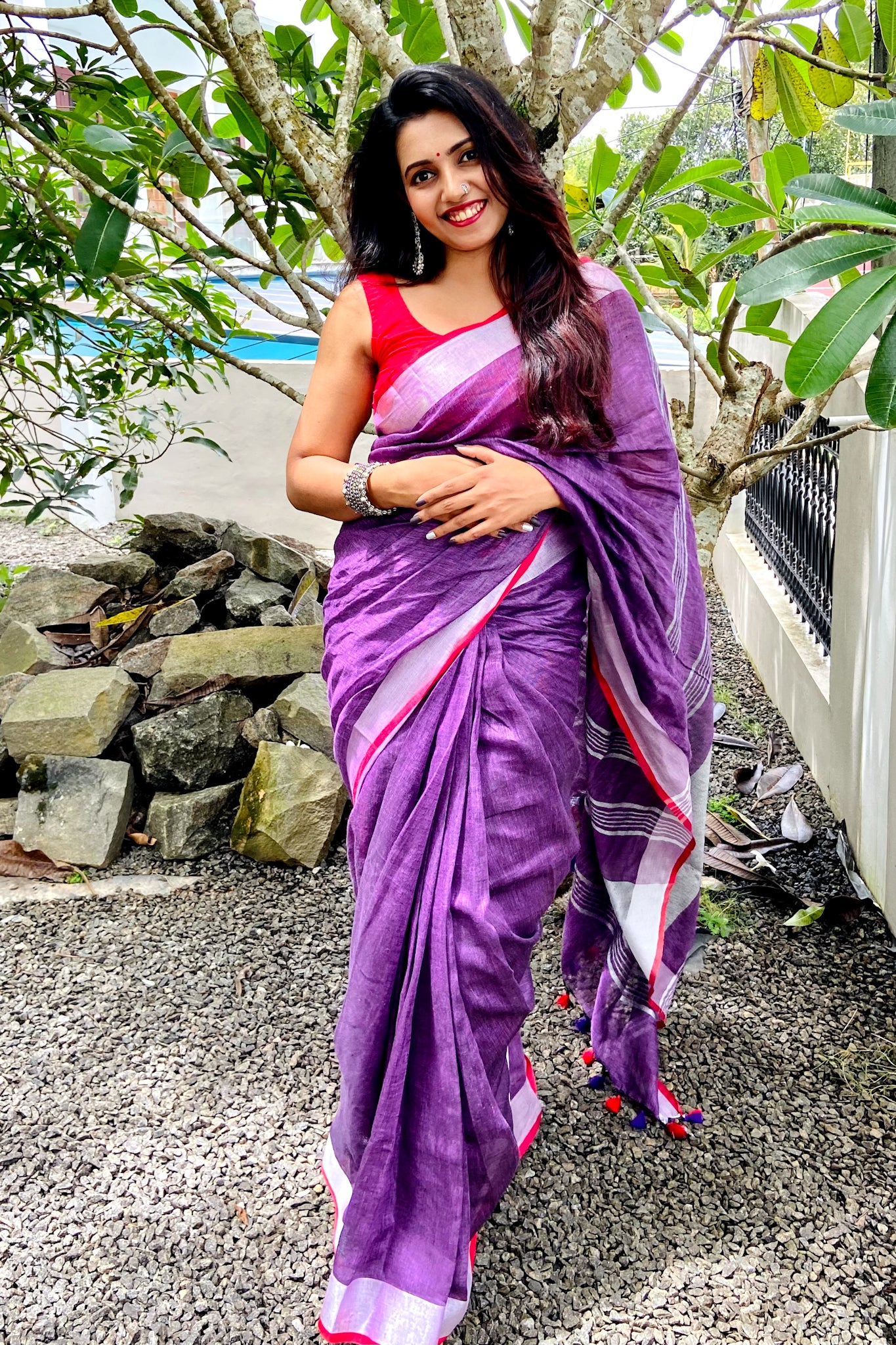 kalpana - purple organic pure linen saree - linenworldonline.in