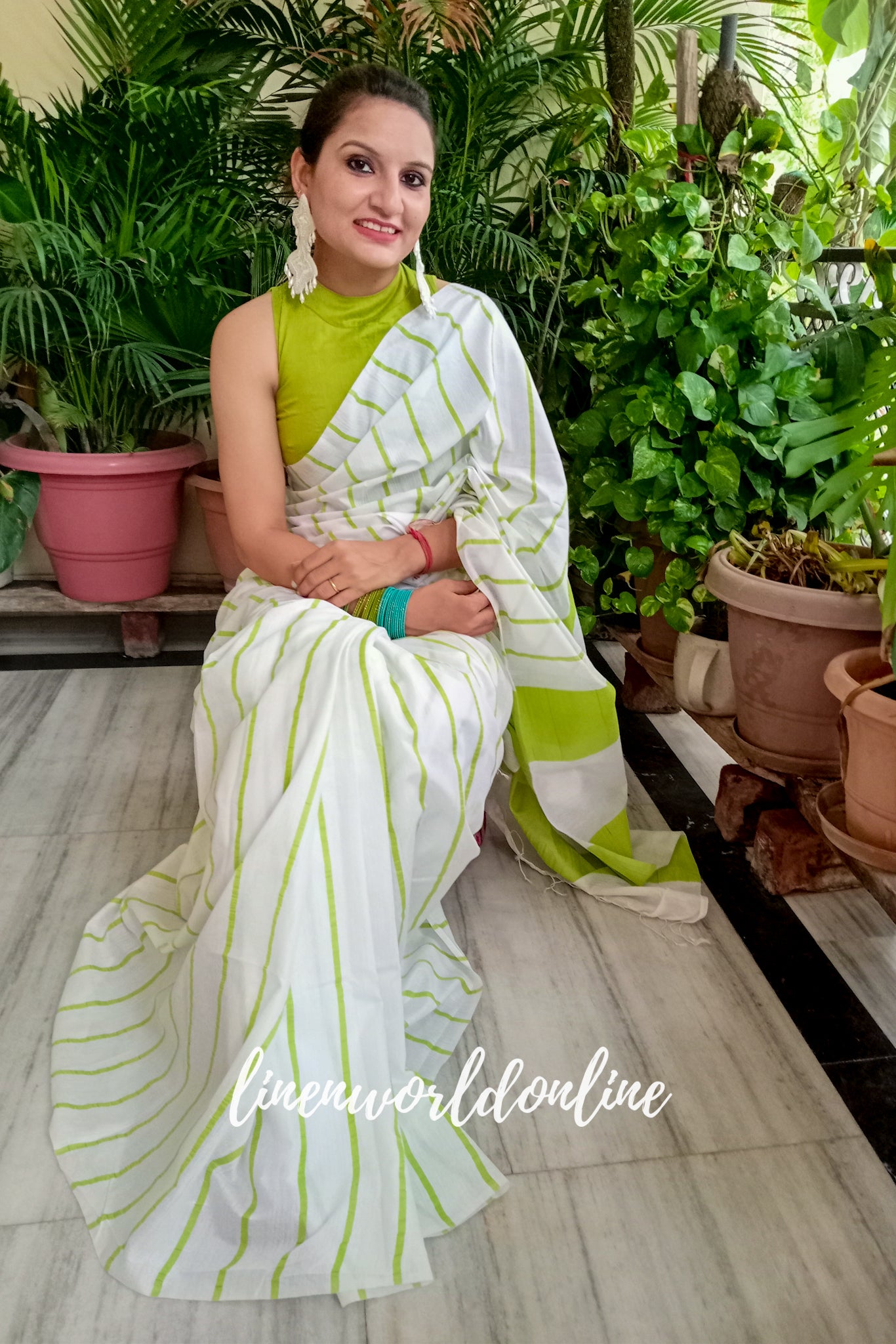white cotton silk saree with parrot green stripes - linenworldonline.in