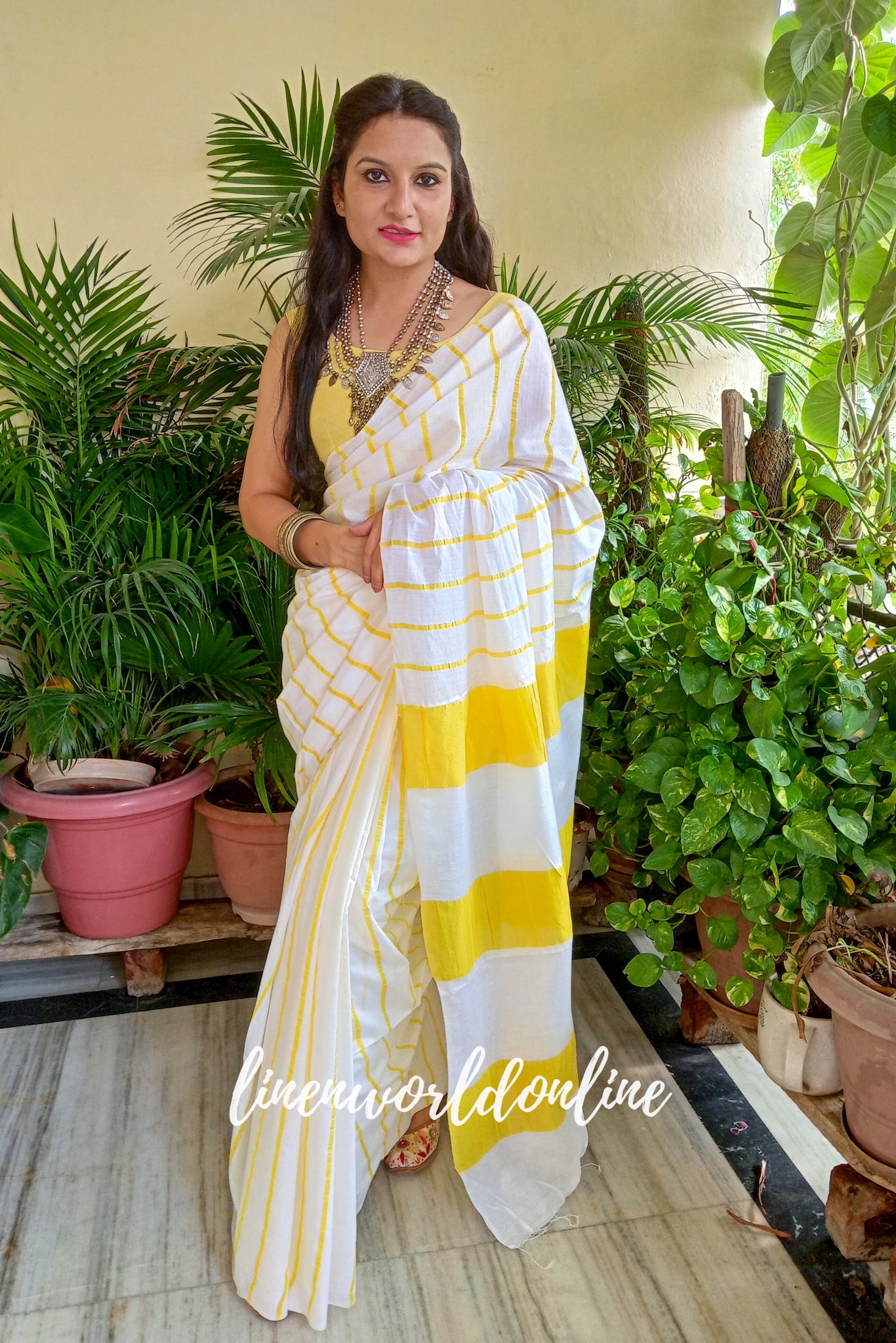 white cotton silk saree with yellow stripes - linenworldonline.in