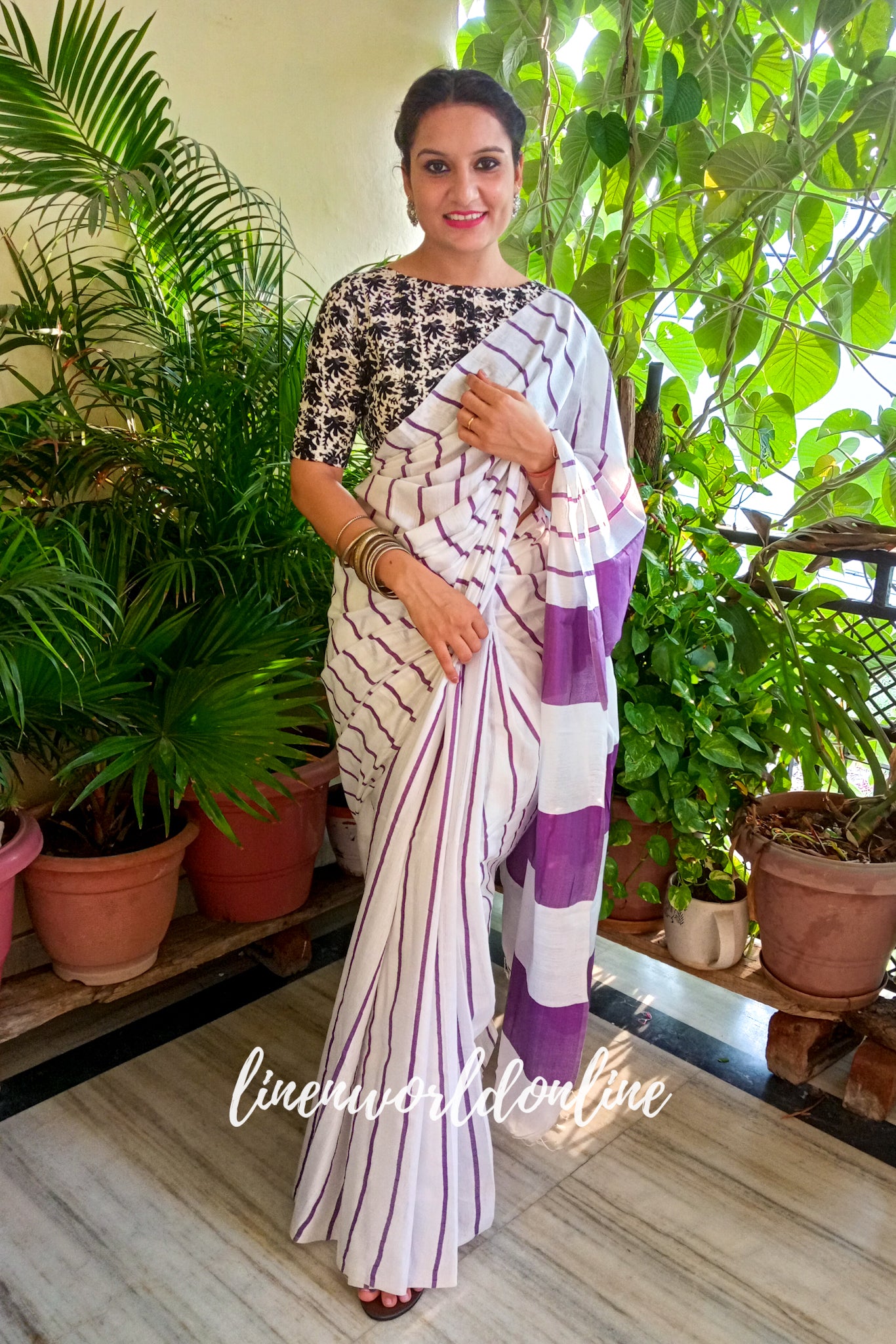 white cotton silk saree with purple stripes - linenworldonline.in