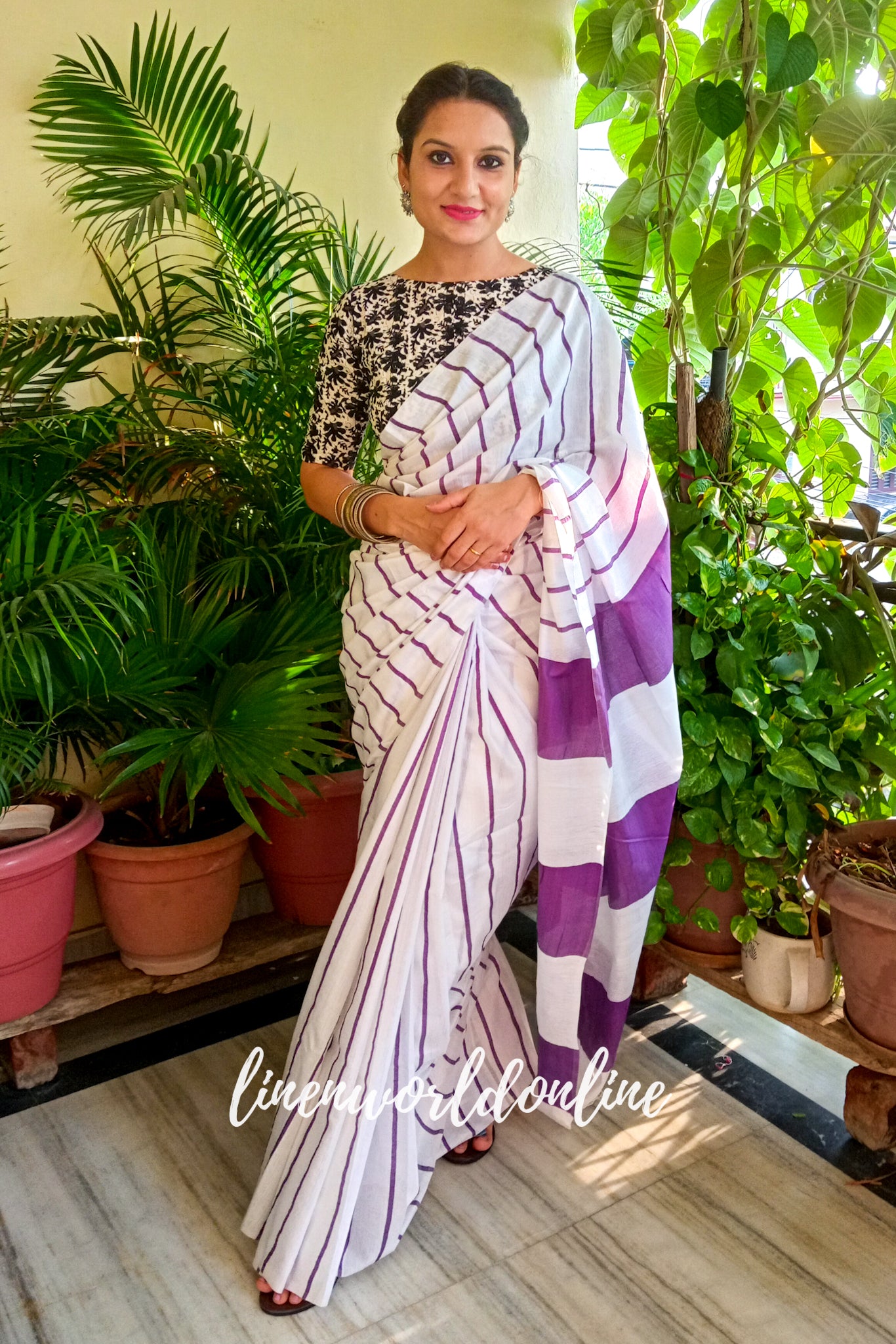 white cotton silk saree with purple stripes - linenworldonline.in