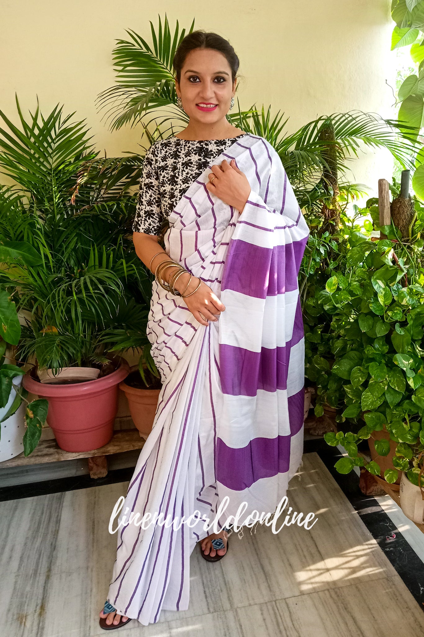 white cotton silk saree with purple stripes - linenworldonline.in