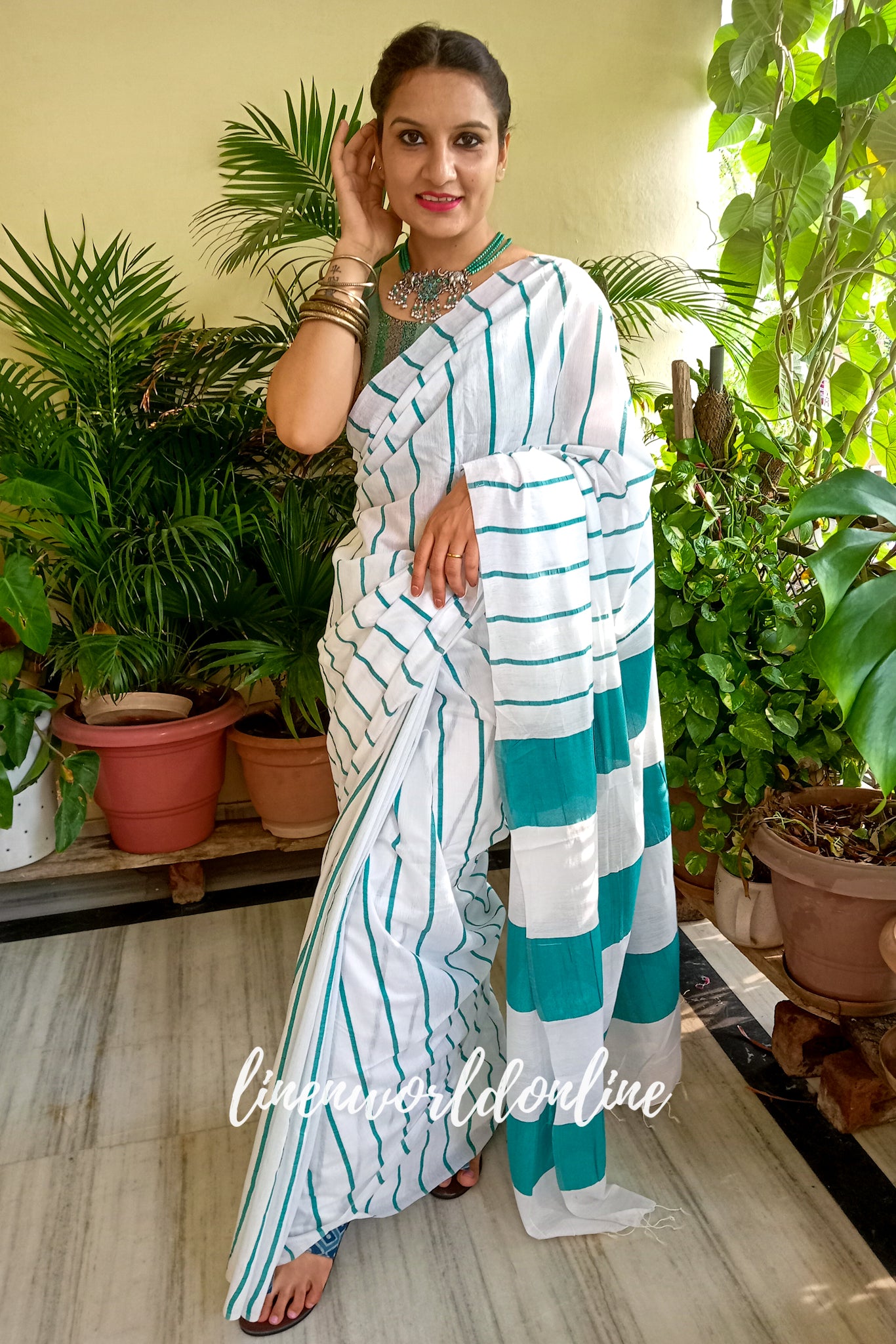 white cotton silk saree with rama green stripes - linenworldonline.in