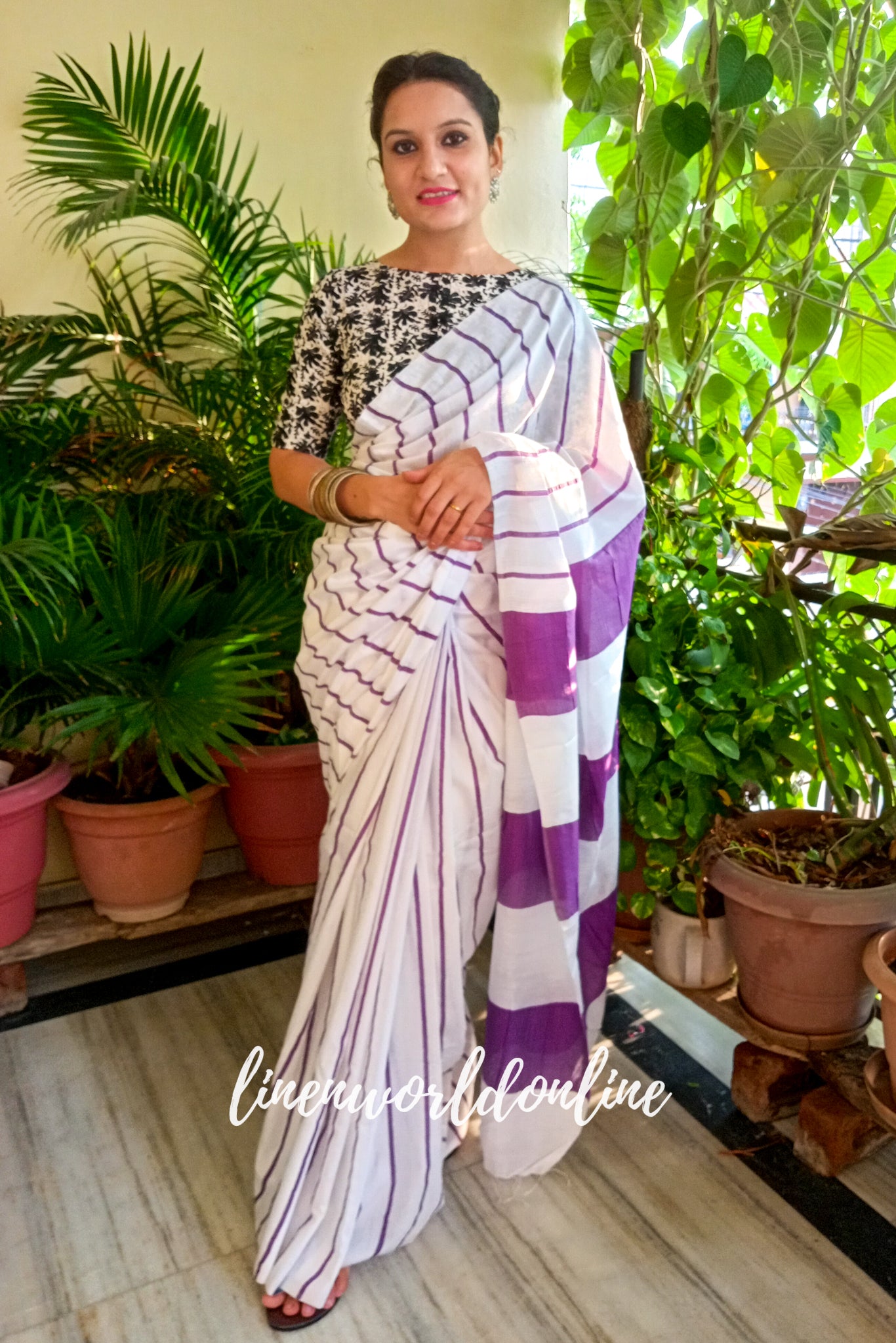 white cotton silk saree with purple stripes - linenworldonline.in