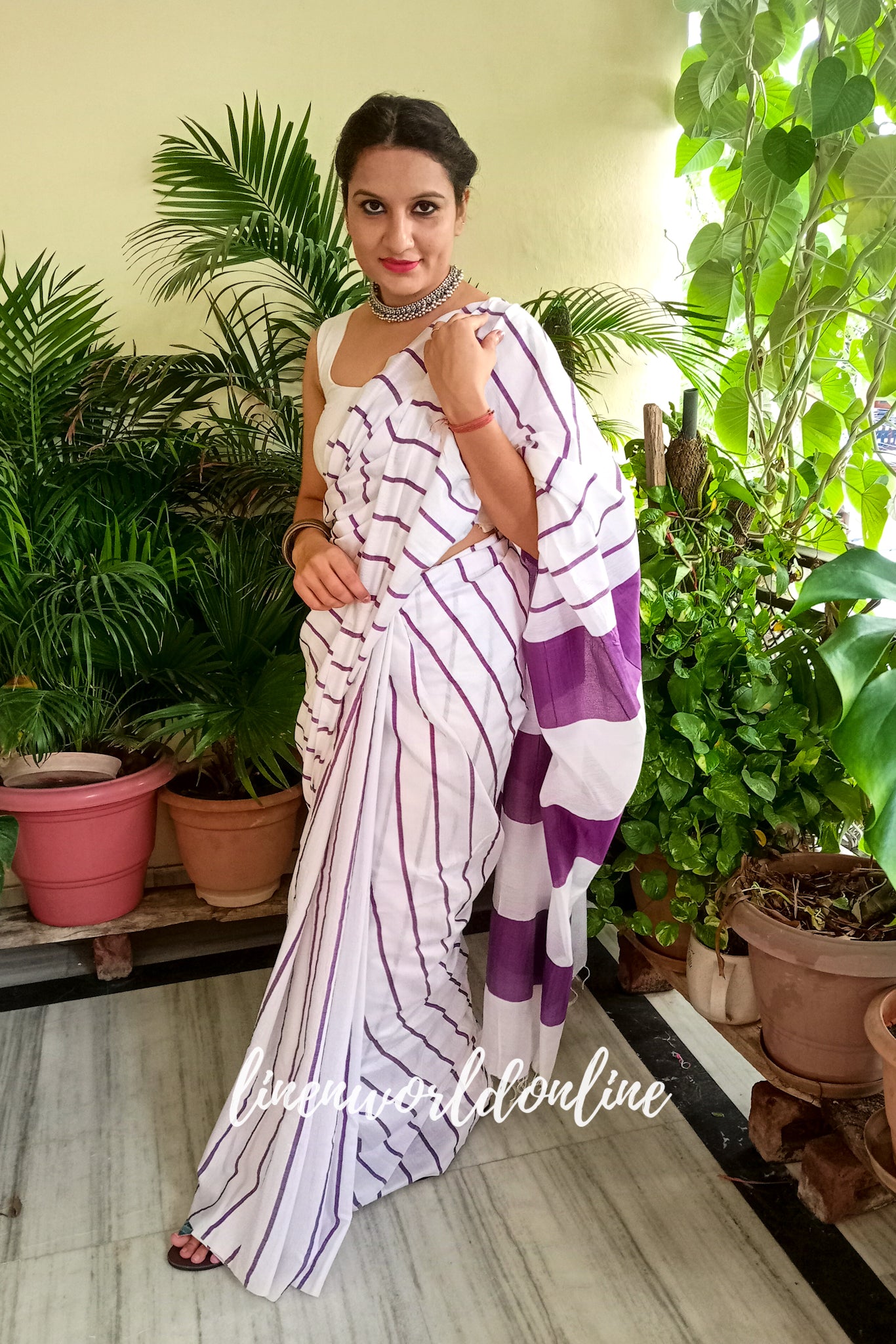 white cotton silk saree with purple stripes - linenworldonline.in