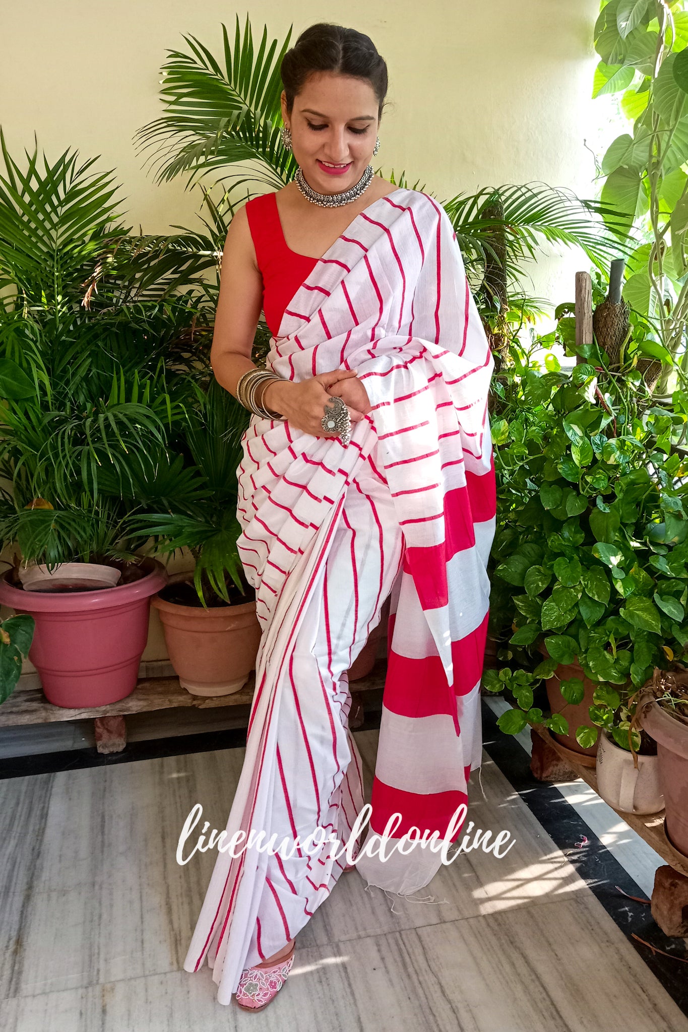 white cotton silk saree with red stripes - linenworldonline.in