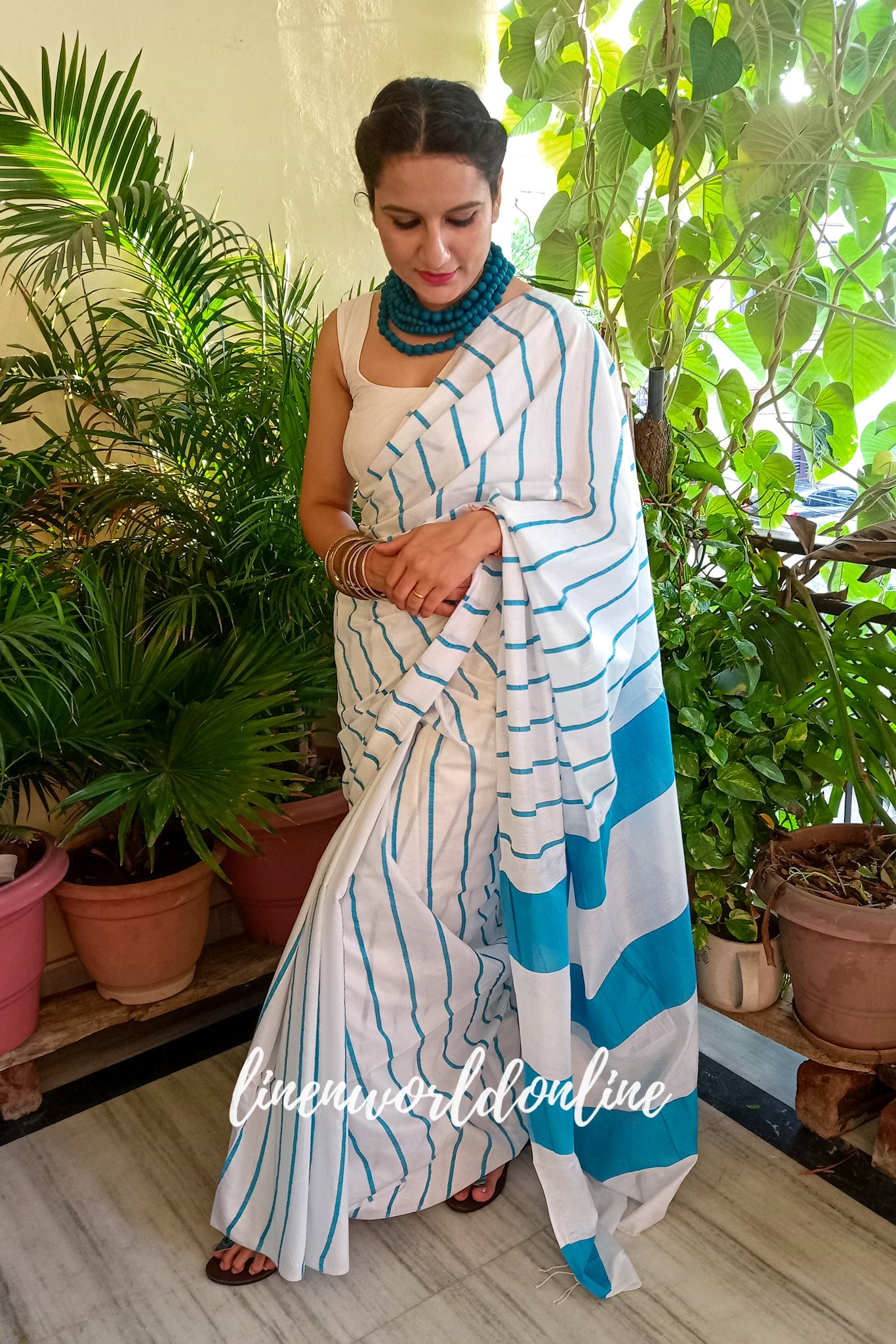 white cotton silk saree with blue stripes - linenworldonline.in