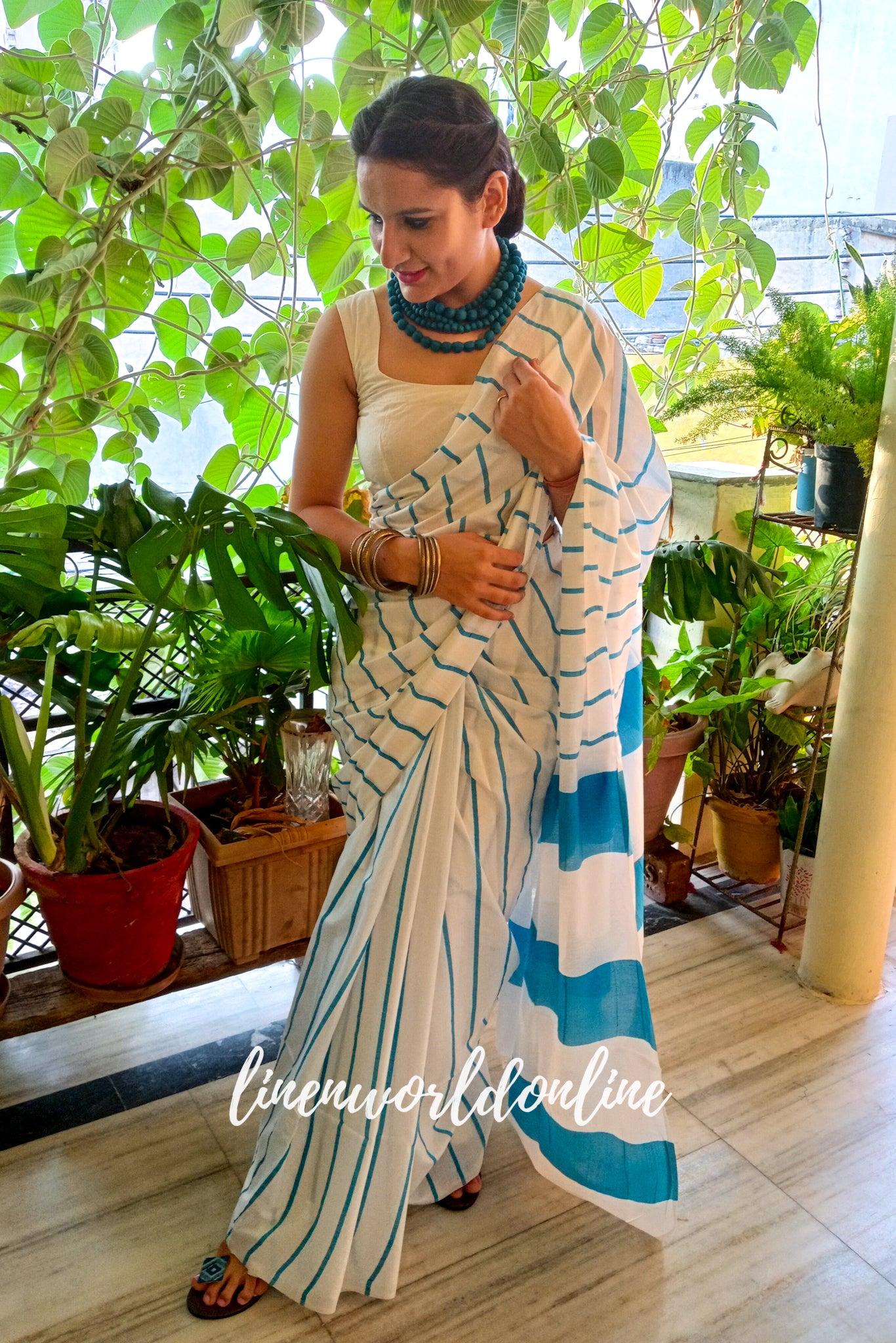 white cotton silk saree with blue stripes - linenworldonline.in