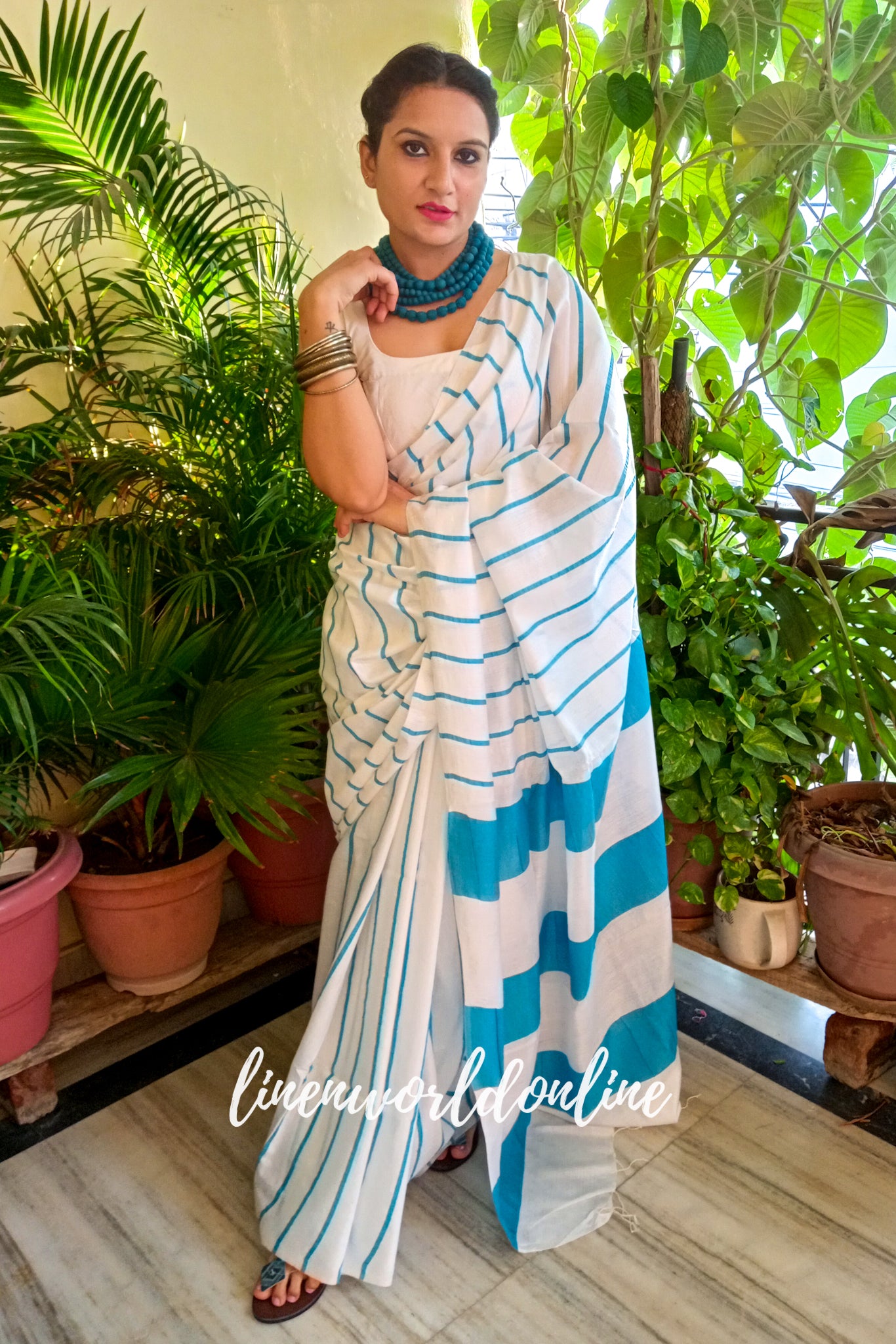 white cotton silk saree with blue stripes - linenworldonline.in