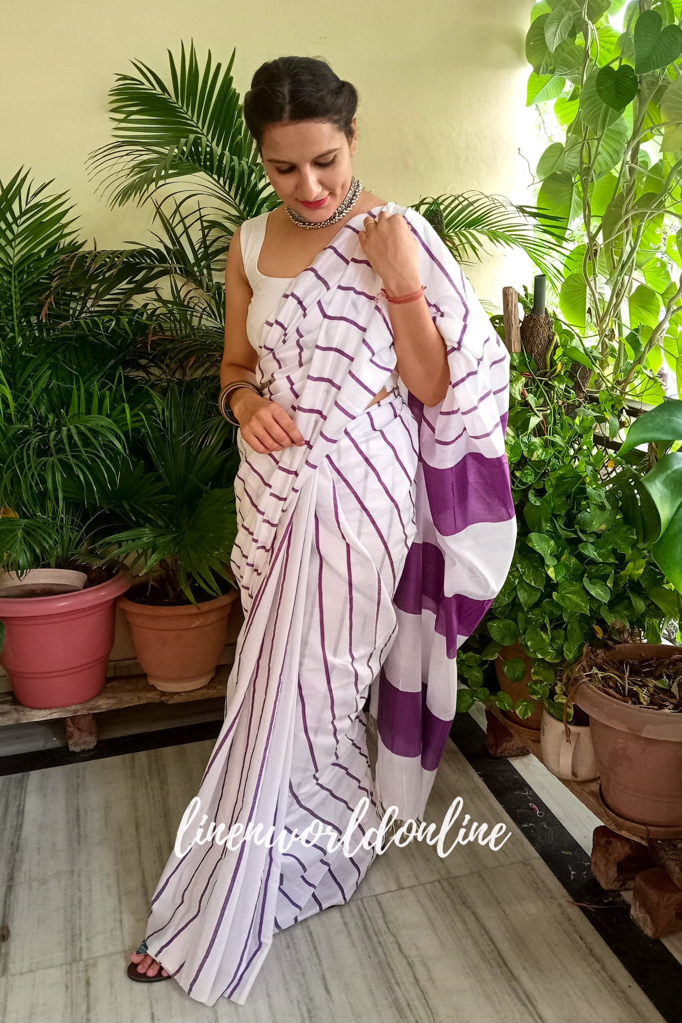 white cotton silk saree with purple stripes - linenworldonline.in