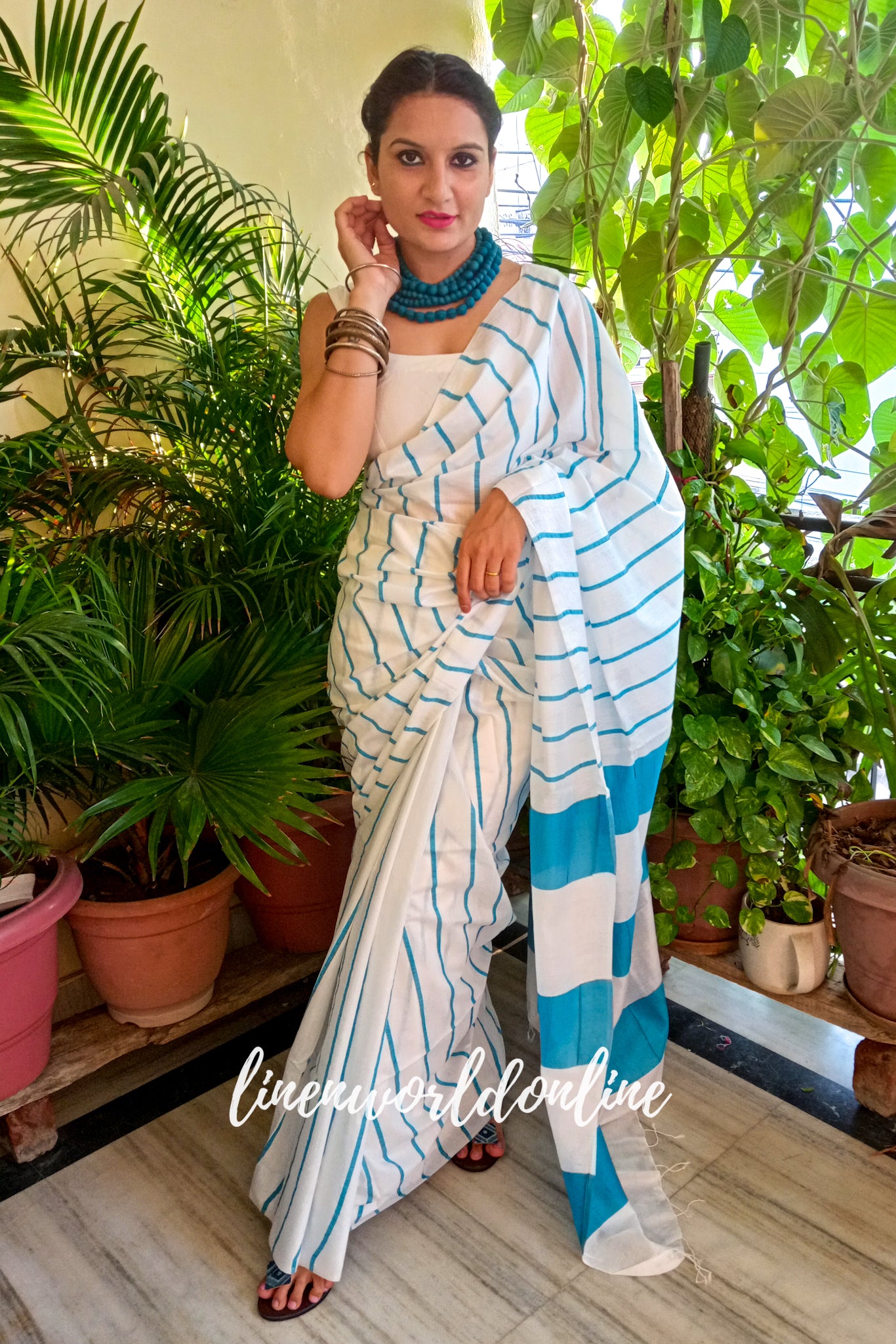white cotton silk saree with blue stripes - linenworldonline.in