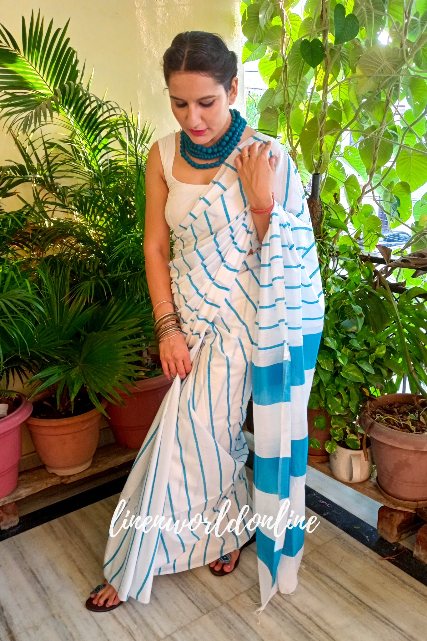 white cotton silk saree with blue stripes - linenworldonline.in
