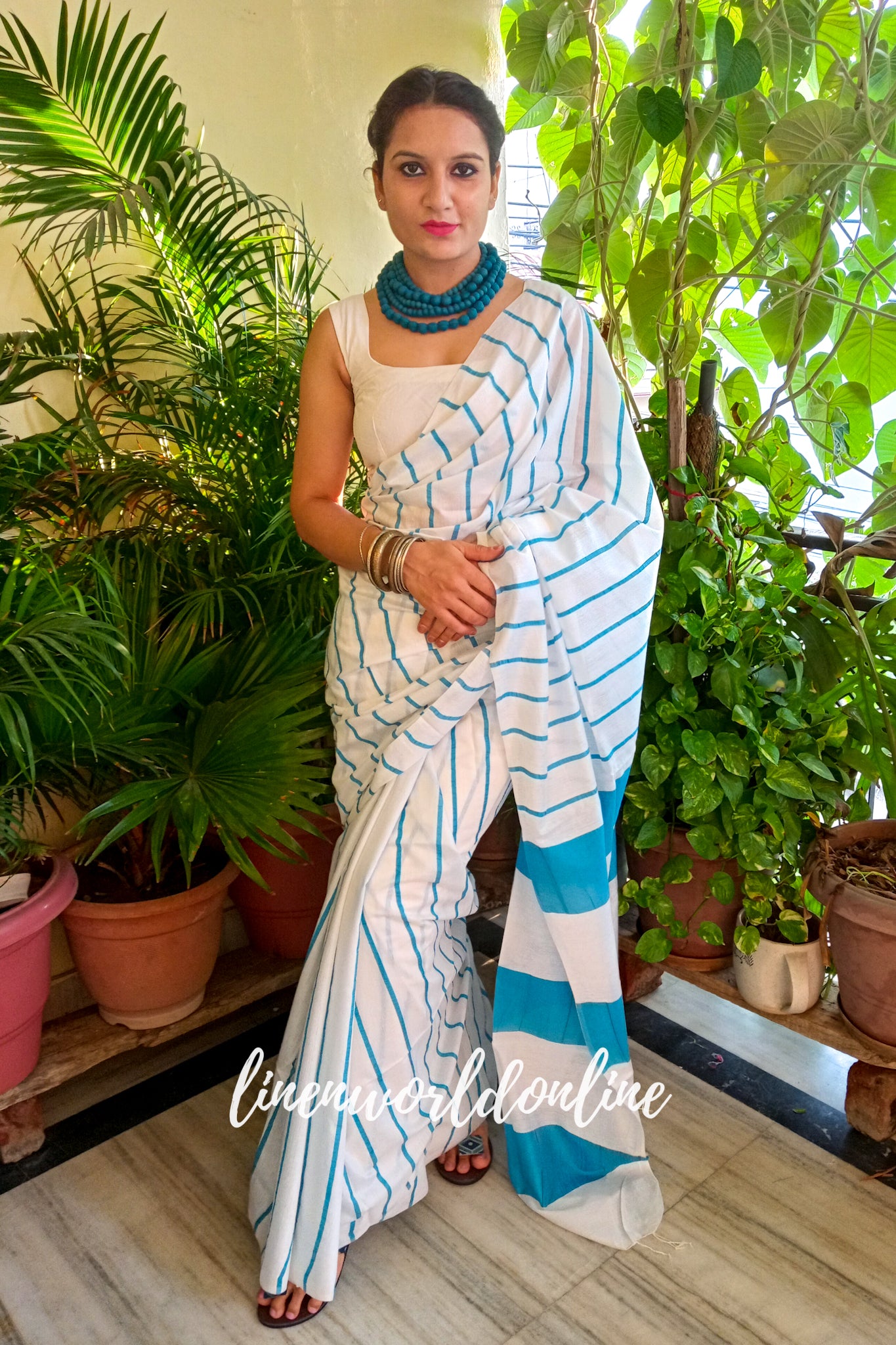 white cotton silk saree with blue stripes - linenworldonline.in