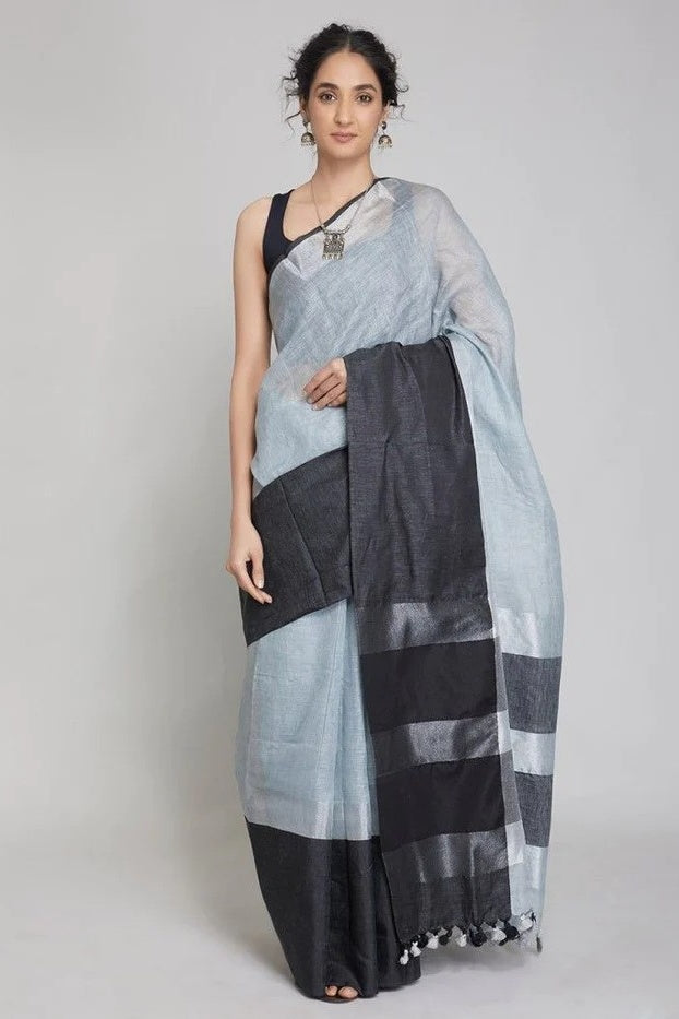 grey handloom woven pure linen saree - linenworldonline.in