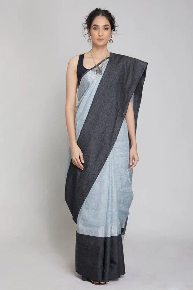 grey handloom woven pure linen saree - linenworldonline.in