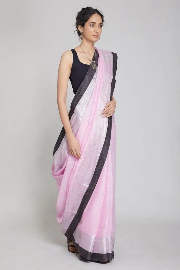 baby pink handloom woven pure linen saree - linenworldonline.in