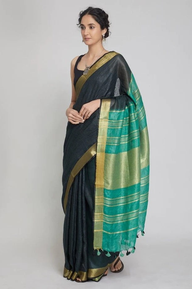 black rama green handloom woven tie dye pure linen saree - linenworldonline.in