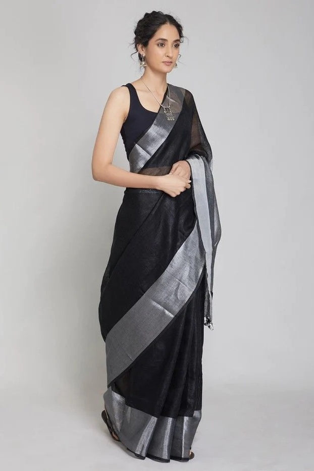 black handloom woven pure linen saree - linenworldonline.in