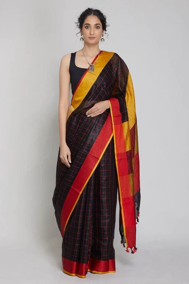 checkered black handloom woven pure linen saree - linenworldonline.in