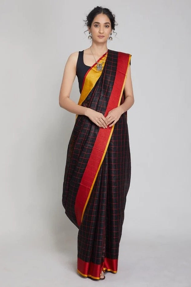checkered black handloom woven pure linen saree - linenworldonline.in