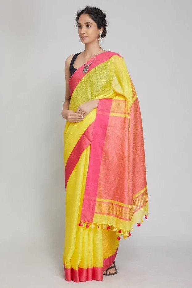 yellow handloom woven pure linen saree - linenworldonline.in