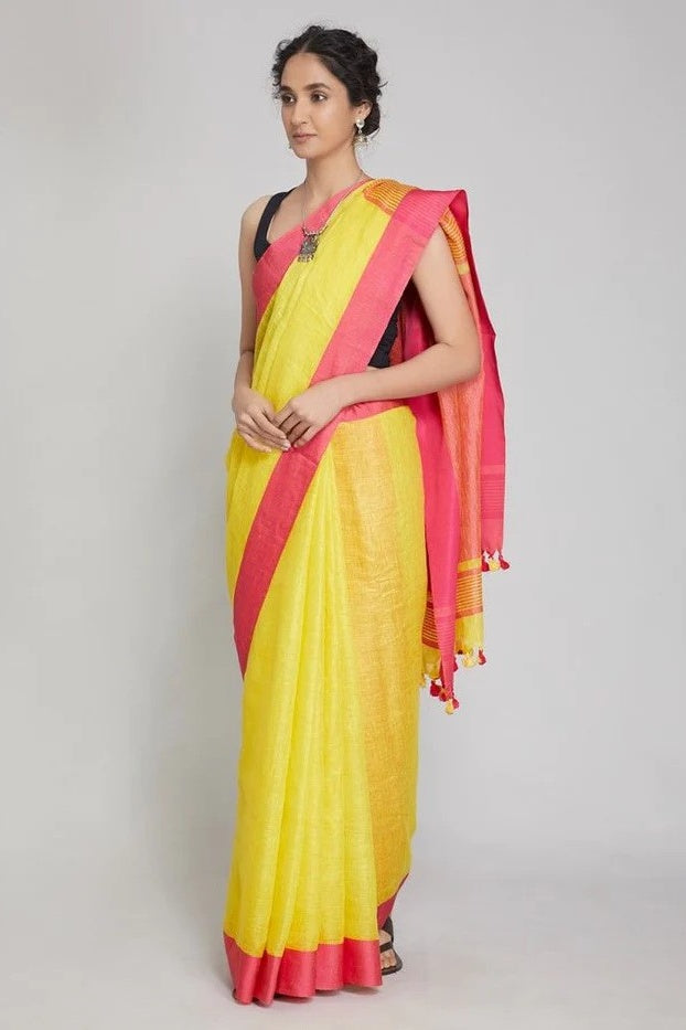 yellow handloom woven pure linen saree - linenworldonline.in